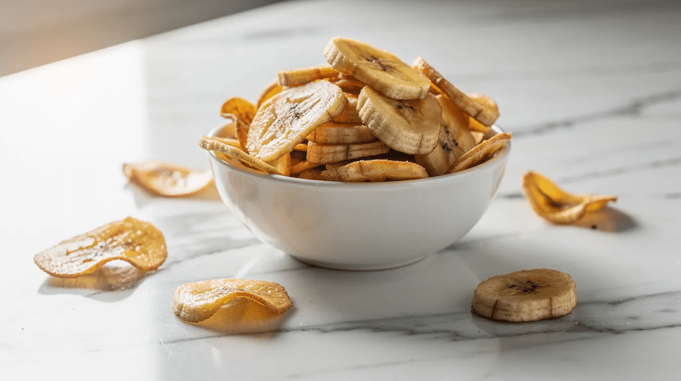 The image features golden banana chips arranged in a small ceramic bowl placed on a sleek marble countertop. These freeze dried fruit crisps offer a light and crunchy snack option, perfect for a gluten-free and vegan diet.