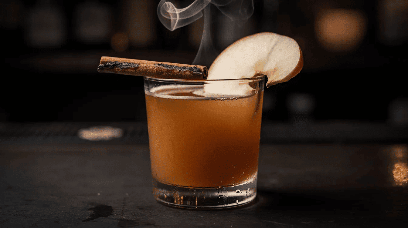 A glass cocktail sits on a dark bar surface, emitting visible wisps of smoke and garnished with a cinnamon stick and a thin slice of apple, embodying the unique flavors of fall food trends. The drink's presentation highlights the seasonal elements, making it a perfect addition to autumn menus.