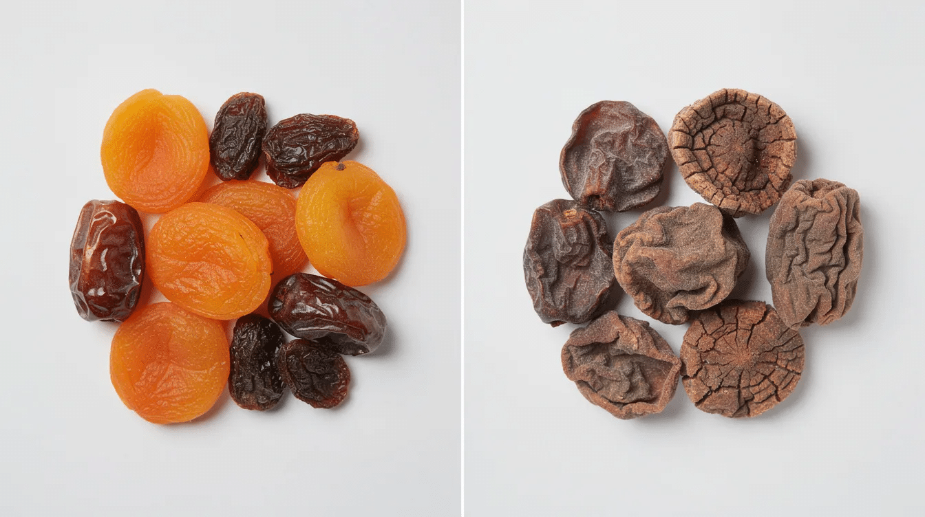 The image shows a close-up comparison of two types of dried fruit: one side features plump, moist pieces that highlight their chewy texture and natural sweetness, while the other side displays overly dry, shriveled pieces. This visual contrast emphasizes the importance of quality in dried mixed fruit, making it a great addition to healthy snacks, baking, or trail mix.