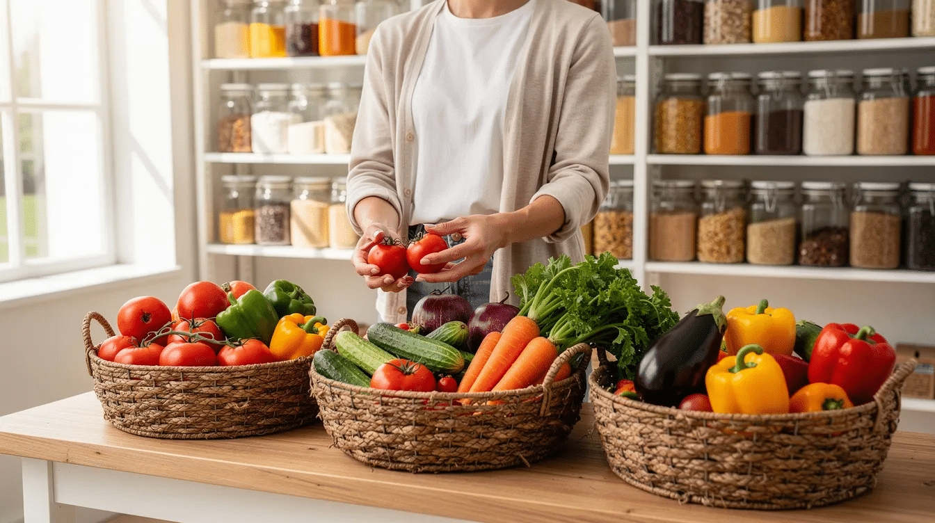 A person is skillfully arranging a variety of colorful fresh vegetables, including leafy greens, summer squash, and sweet potatoes, into woven baskets in a bright, airy kitchen pantry. The scene captures the essence of seasonal produce, highlighting the vibrant colors and textures of the vegetables.