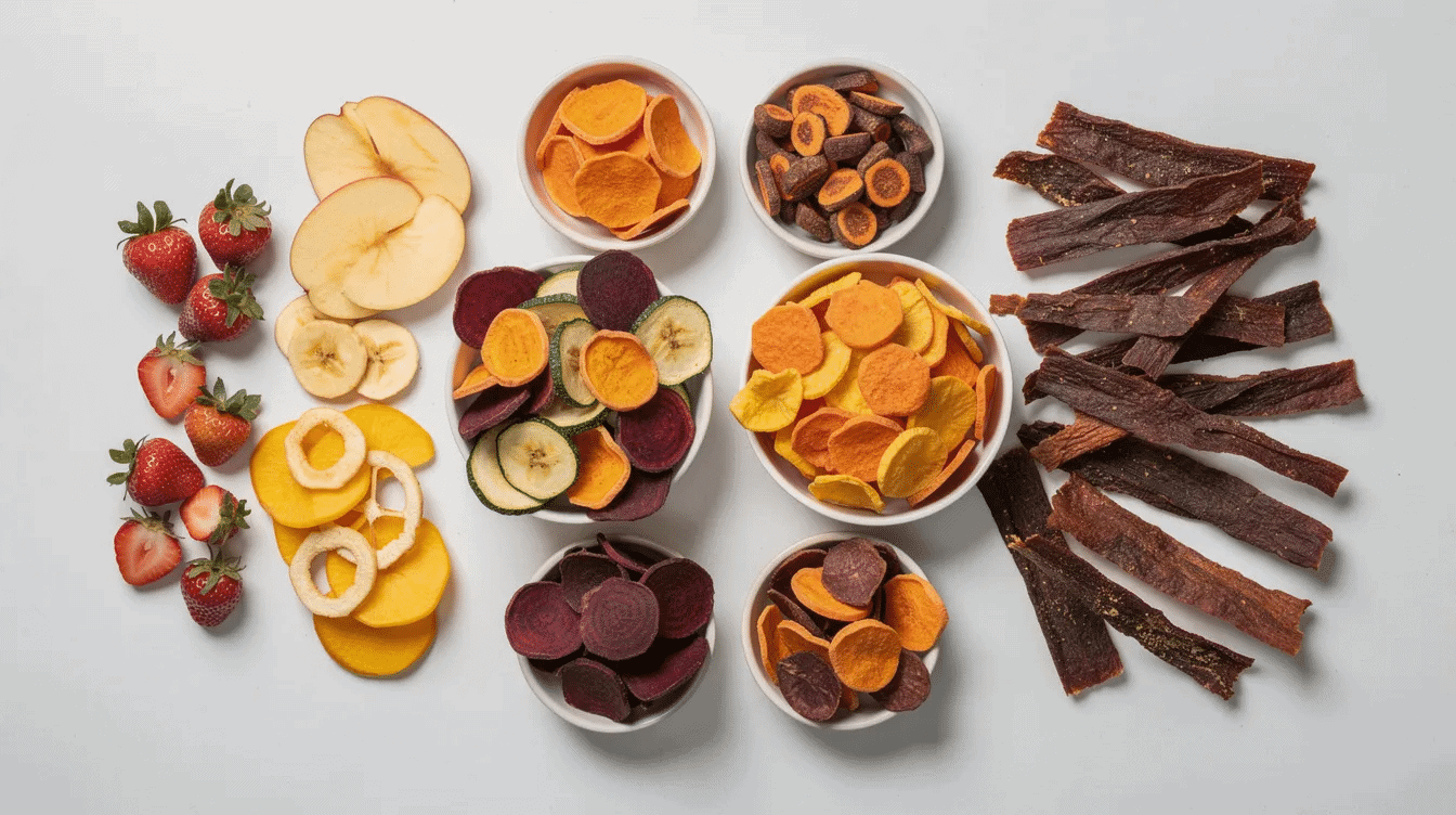 The image features an assortment of dehydrated food snacks, including dried fruits, vegetables, and fruit leather, all neatly arranged in airtight containers. These snacks highlight the benefits of food dehydration, showcasing their long shelf life and nutritional value, making them ideal for backpacking meals or quick, healthy snacks.