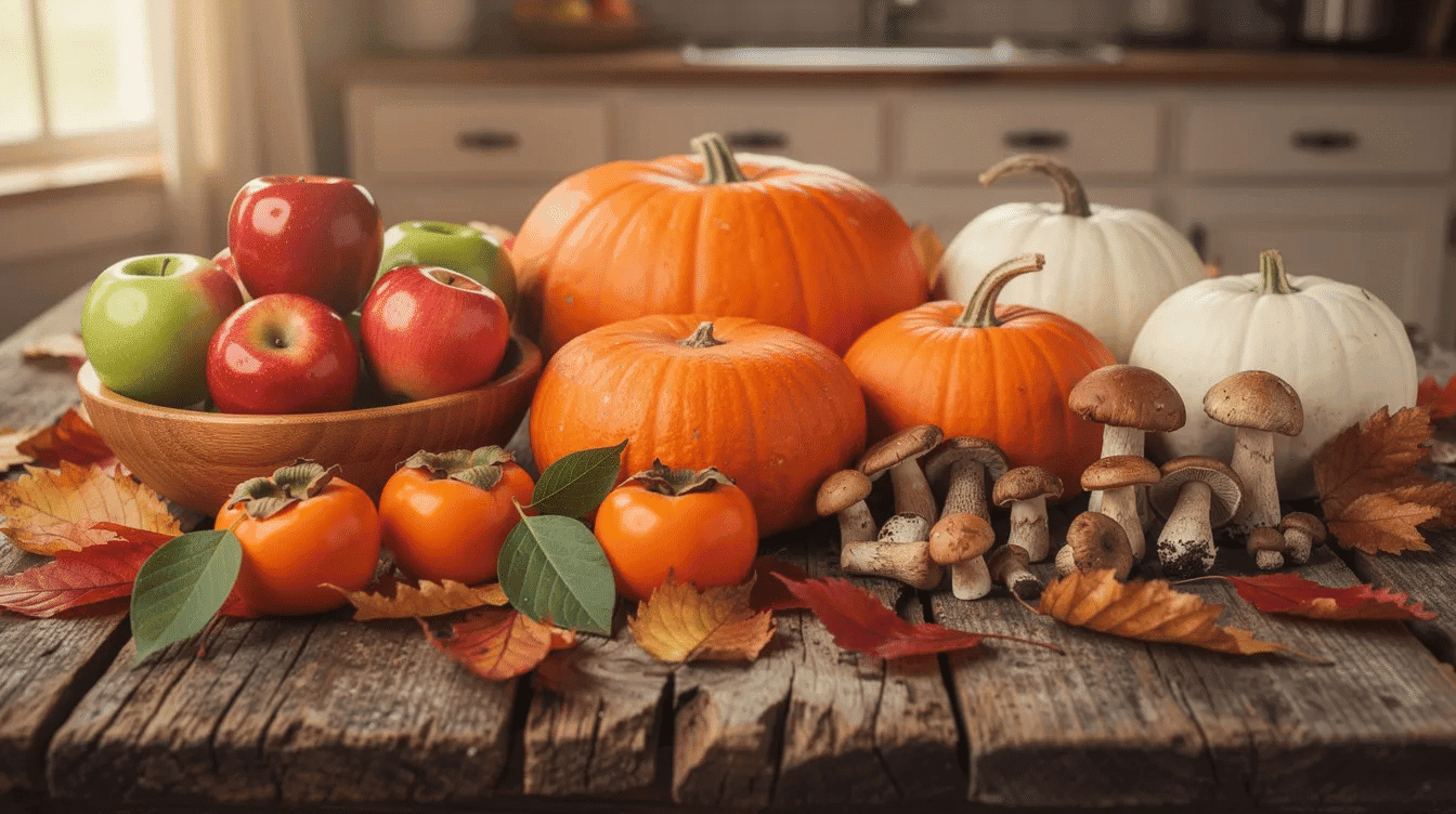A rustic wooden table is adorned with a vibrant display of fall produce, including bright orange pumpkins, red apples, and rich persimmons, alongside earthy mushrooms and scattered autumn leaves, capturing the essence of the fall season and the latest food trends. This colorful arrangement highlights the bounty of fresh fruits and vegetables typical of autumn, perfect for inspiring seasonal recipe ideas and comforting fall dishes.