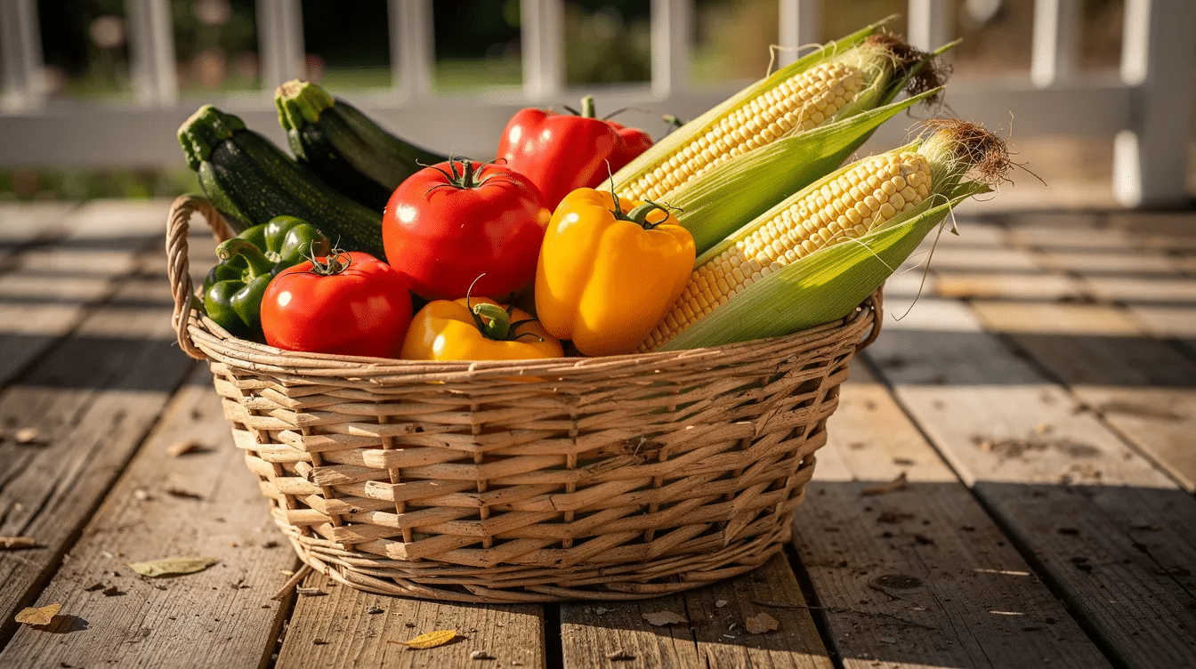 A sunlit basket overflowing with fresh, ripe tomatoes, vibrant bell peppers, summer squash, and sweet corn rests on a wooden porch, showcasing the abundance of seasonal produce. The warm colors and textures highlight the delicious flavors of summer vegetables ready for harvest.