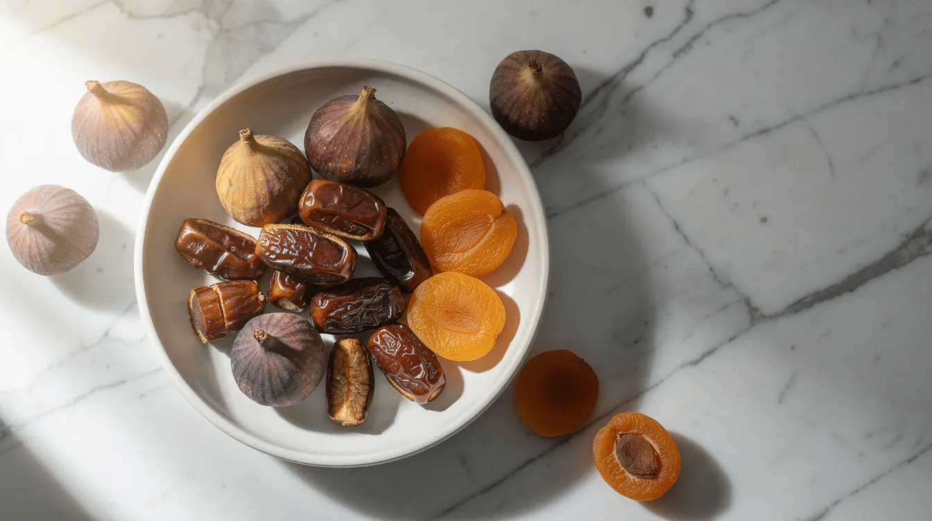 An elegant arrangement of premium dried fruit blend, featuring whole figs, date pieces, and golden apricots, is displayed on a smooth marble surface. This mix of dried fruit offers a chewy texture and natural sweetness, making it a delicious and healthy snack option for baking or enjoying on its own.