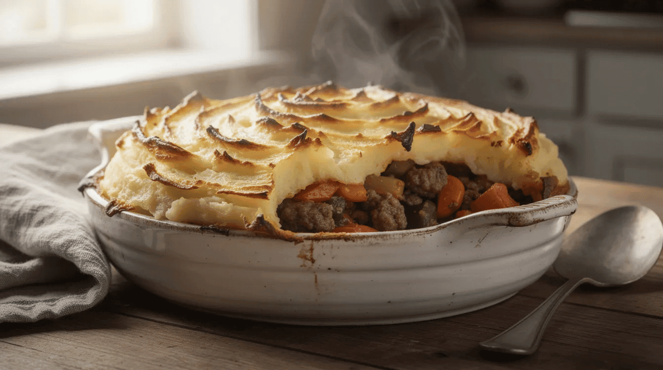 A freshly baked shepherd's pie sits in a ceramic dish, featuring a golden, buttery mashed potato topping that is perfectly browned. This comforting meal combines ground beef with tender vegetables, making it a perfect fall dish for chilly nights.