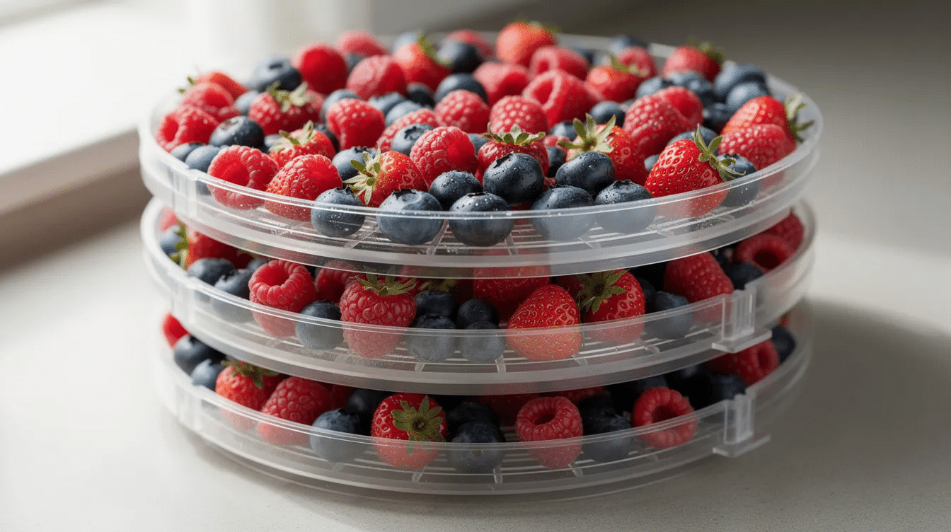The image displays a vibrant assortment of fresh blueberries, raspberries, and strawberries spread across stacked round dehydrator trays, showcasing the dehydrating process of these nutrient-dense fruits. The colorful array highlights the potential for creating delicious dried fruit snacks or fruit leather.
