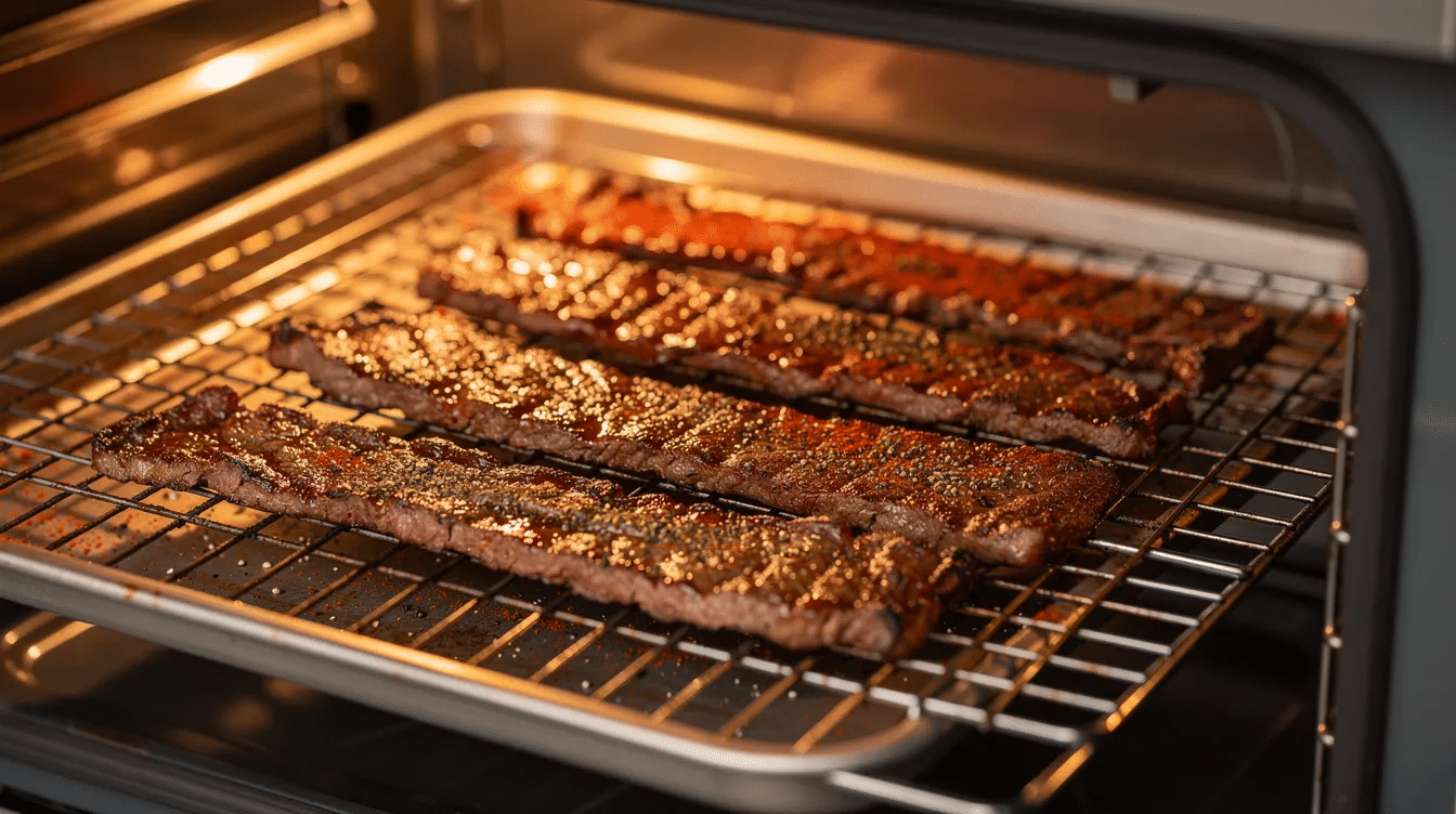 The image shows strips of seasoned beef arranged neatly on wire racks placed over baking sheets inside an open oven, as part of the homemade jerky drying process. The beef slices are prepared for dehydrating, ensuring they reach the proper internal temperature for safe consumption.