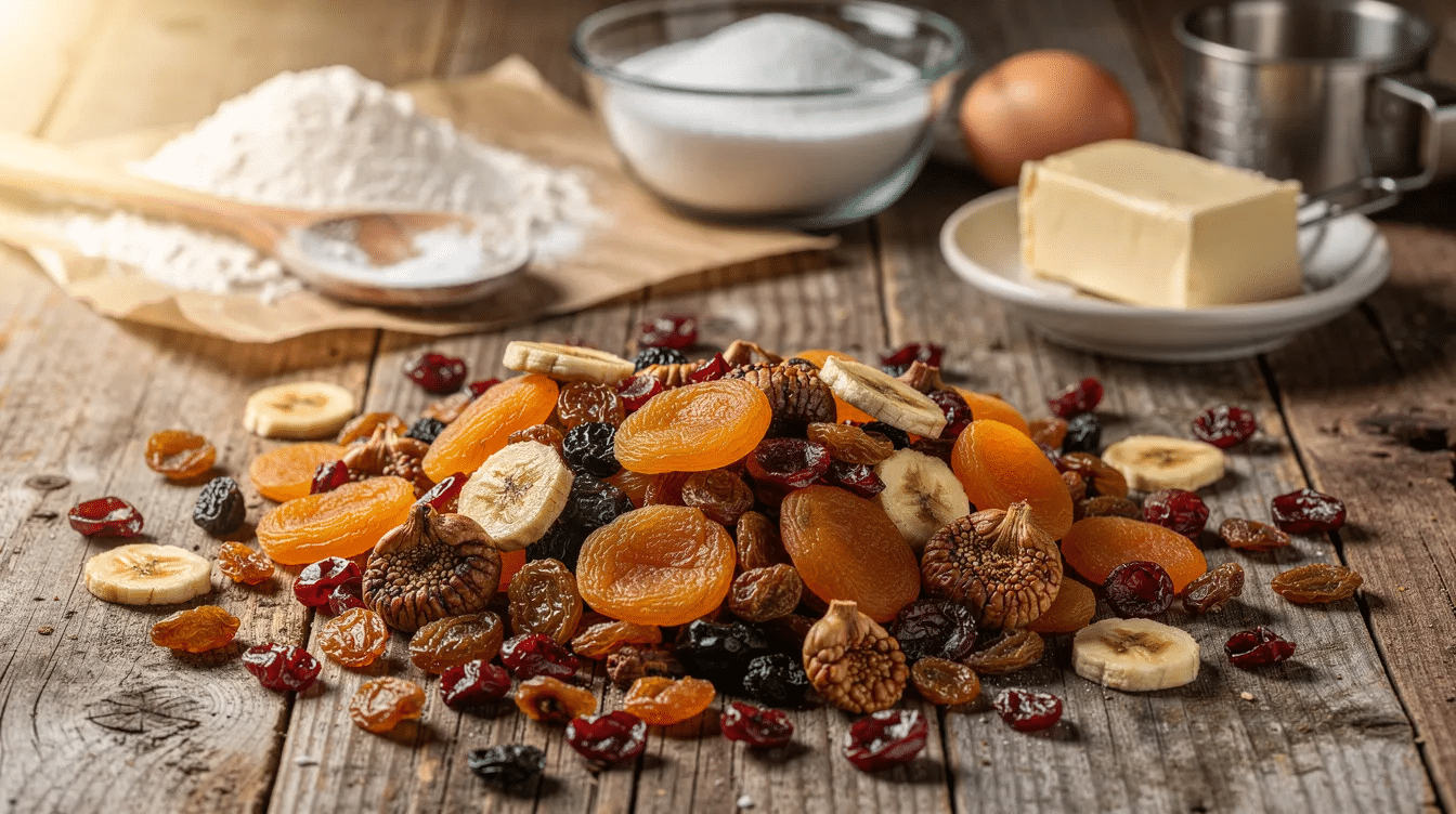 An assortment of mixed dried fruit, including golden raisins, dried peaches, and cranberries, is spread across a rustic wooden surface, with various baking ingredients in the background. This colorful display highlights the natural sweetness and chewy texture of the dried fruit, making it a great addition to baked goods and a healthy snack option.