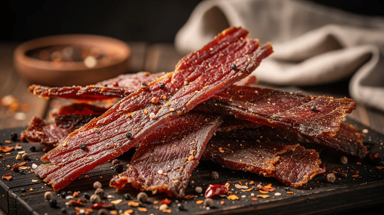 The image shows a selection of homemade beef jerky strips laid out on a baking sheet, showcasing various thicknesses and a rich, smoky flavor. The jerky is properly dried, ensuring food safety and a chewy texture, ideal for those interested in making homemade jerky.