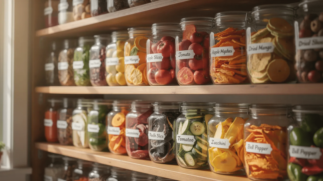 The image depicts glass jars filled with a vibrant assortment of dehydrated fruits and vegetables, neatly arranged on wooden pantry shelves, showcasing an organized food storage solution for long shelf life. This visually appealing display highlights the importance of proper food preservation techniques, such as using airtight containers to maintain the nutritional value of dehydrated food.