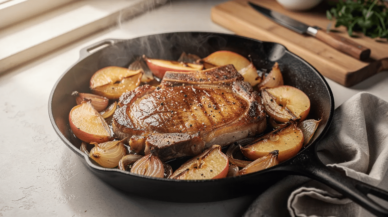 A cast iron skillet sits on a kitchen counter, filled with tender braised pork chops topped with sweet caramelized apples and shallots, creating a delicious and cozy dish perfect for fall dinner recipes. The warm colors and inviting aroma suggest a comforting meal ideal for the whole family.