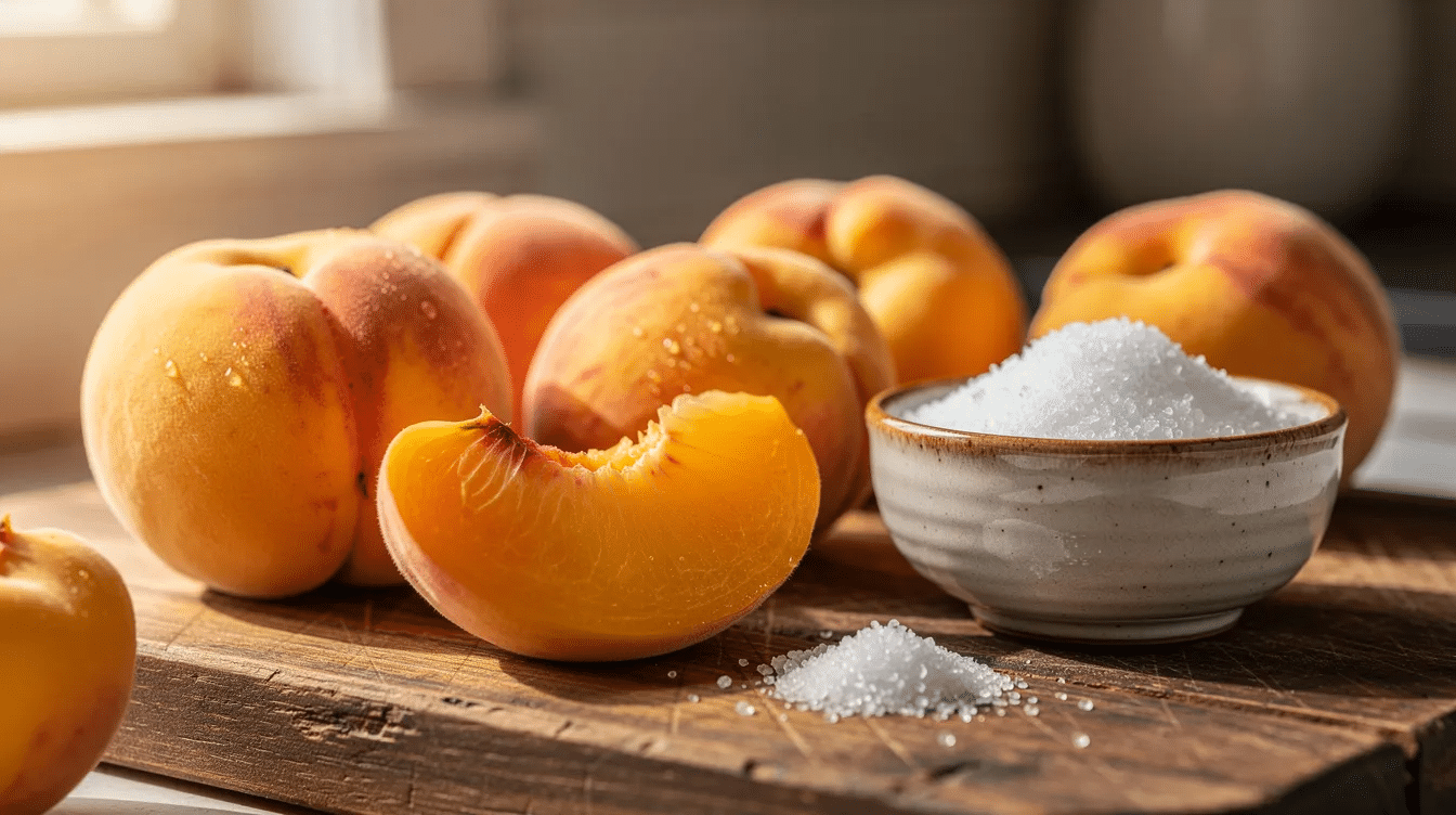 A collection of ripe golden peaches is beautifully arranged on a rustic wooden cutting board, accompanied by a small bowl of sugar, suggesting a delightful recipe for candied fruit. The vibrant color and fresh texture of the peaches contrast with the rustic setting, inviting thoughts of sweet treats and baking.