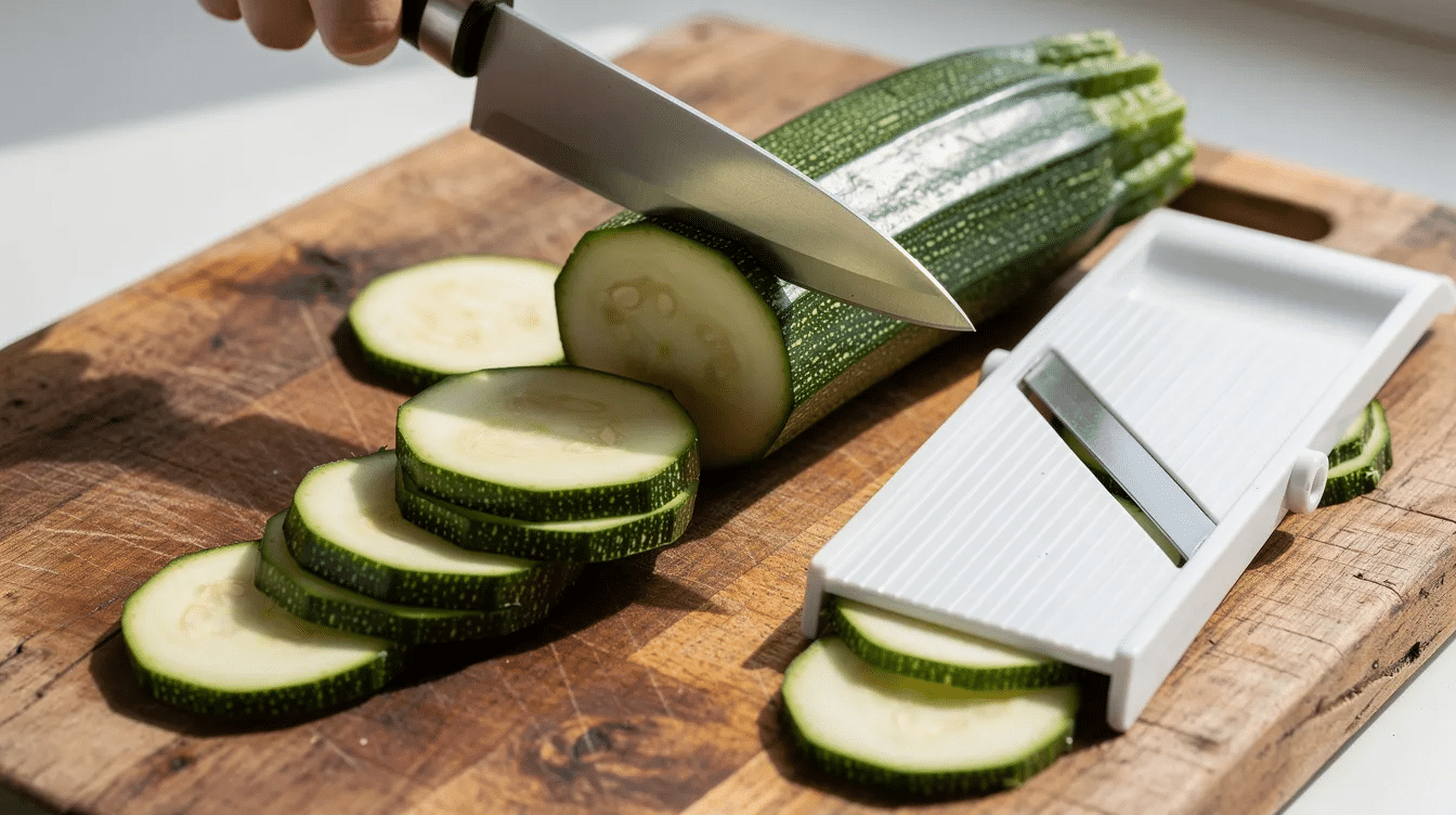 The image shows fresh zucchini rounds being sliced on a wooden cutting board, with a mandoline slicer positioned nearby, ready for creating thin zucchini slices perfect for dishes like zucchini chips or zucchini bread. The vibrant green color of the zucchini highlights its freshness, emphasizing its versatility in various recipes.
