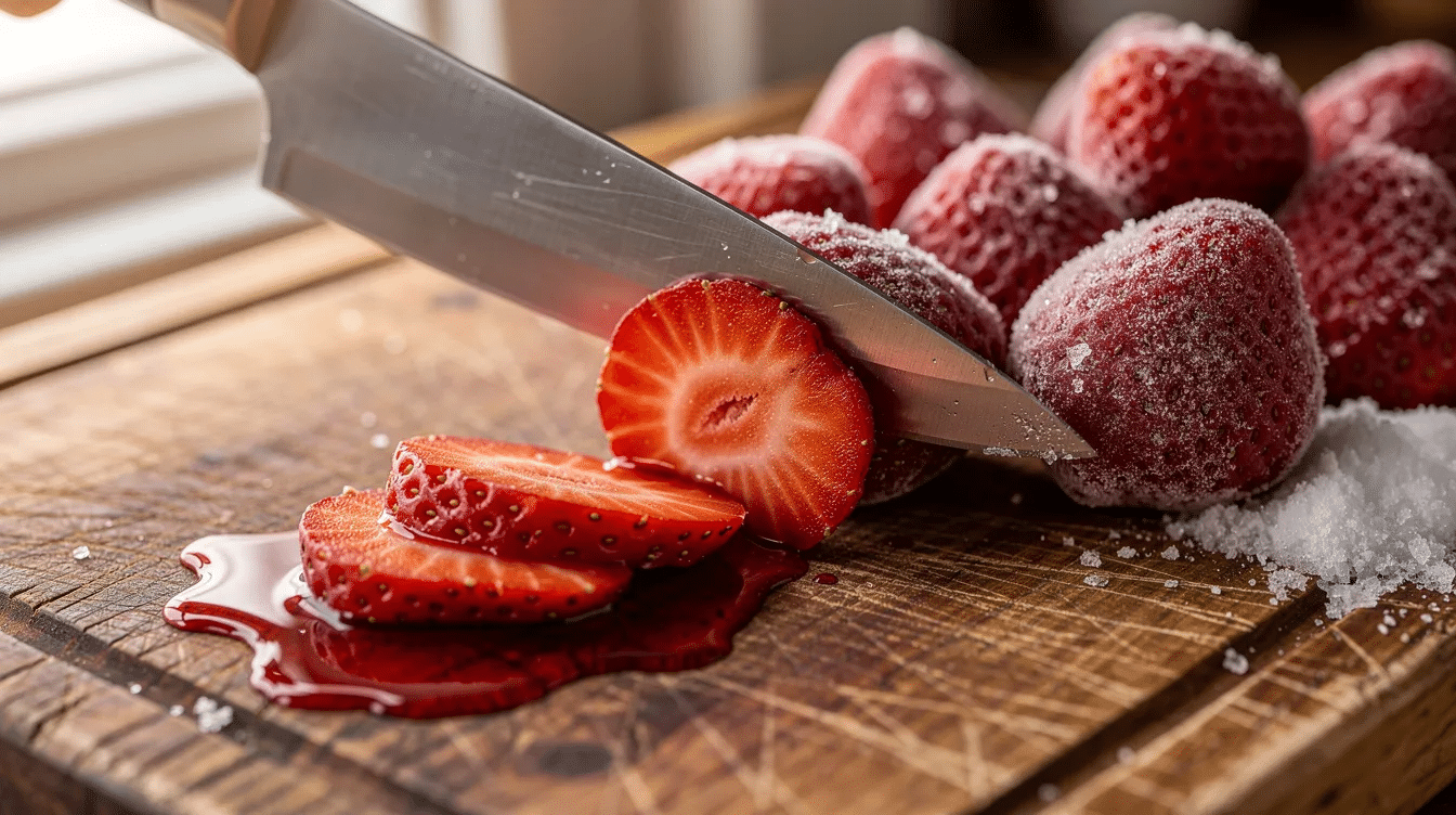 A sharp chef knife slices through frosty frozen strawberries on a wooden cutting board, with some berries still displaying their icy exterior. The image captures the vibrant red color of the strawberries, showcasing the preparation for making delicious snacks or dehydrated strawberry slices.