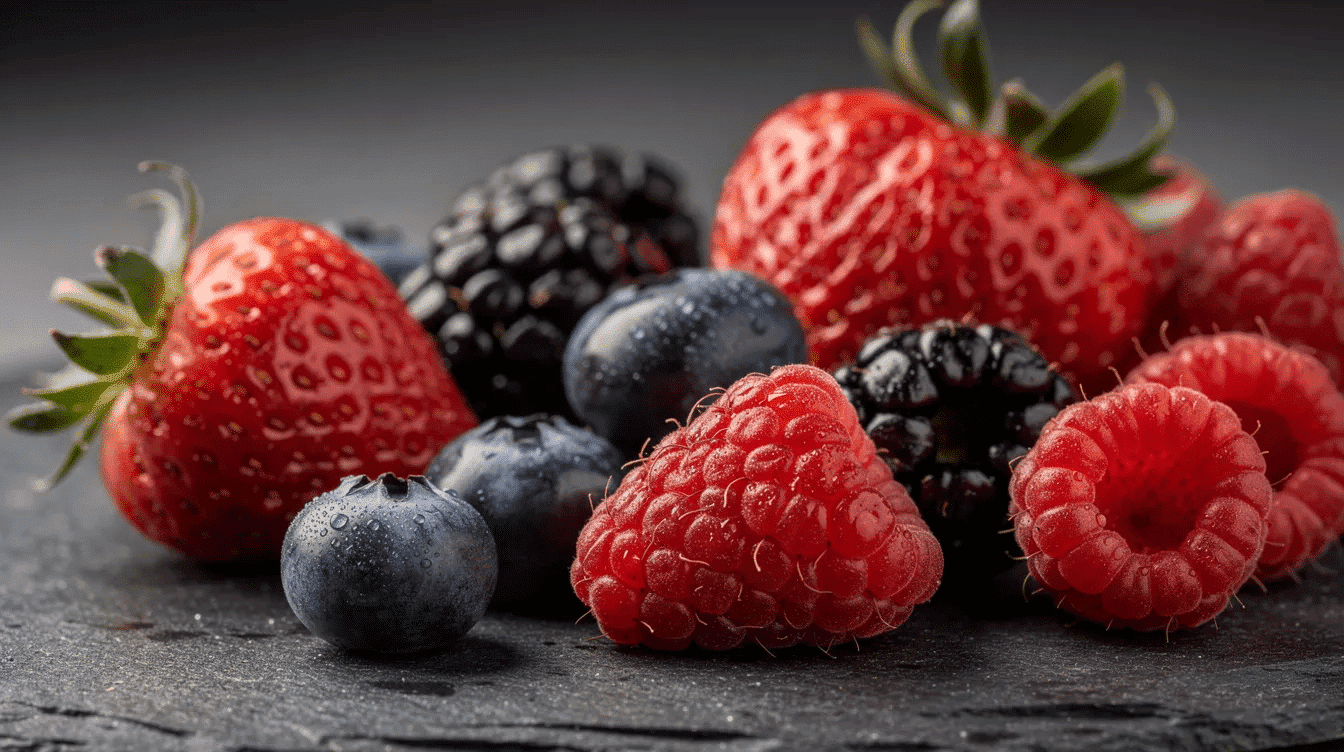 The image features a vibrant assortment of fresh berries, including strawberries, blueberries, and raspberries, arranged in a colorful display. These delicious fruits can be enjoyed fresh or can be dehydrated for long-term storage as healthy snacks or in trail mix.