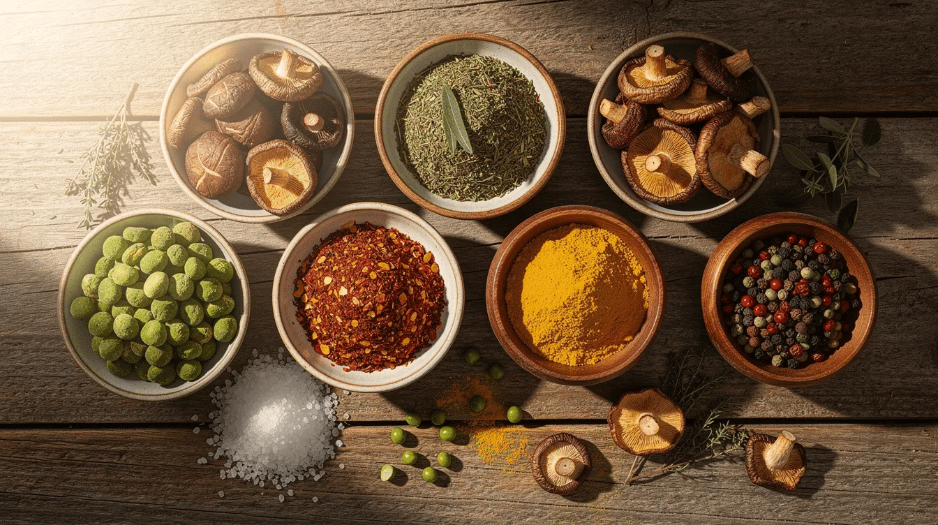 The image features an assortment of colorful dried ingredients, including vibrant mushrooms, peas, and various herbs, neatly arranged in small bowls on a rustic wooden table. This visually appealing setup highlights the potential for creating a delicious homemade risotto using dehydrated ingredients.