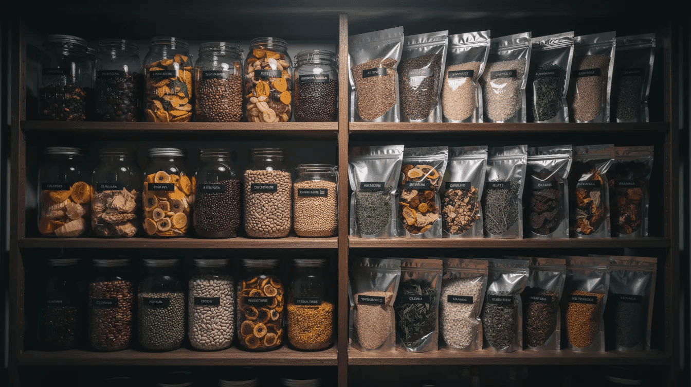 The image shows neatly organized mason jars and Mylar bags filled with various dehydrated foods, including fruits and vegetables, stored on shelves in a cool, dark pantry. This setup highlights the importance of proper storing dehydrated food to maintain its nutritional value and extend its shelf life.