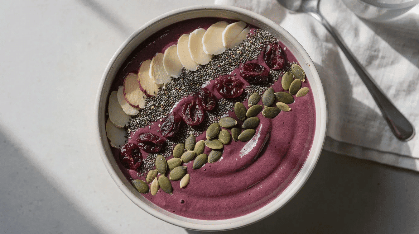 A colorful smoothie bowl is displayed from above, topped with sliced almonds, chia seeds, dried cranberries, and pumpkin seeds, showcasing a variety of nutrient-dense ingredients that promote heart health and provide natural energy. The vibrant toppings add a visually appealing contrast to the creamy base, emphasizing the health benefits of incorporating dry fruits and edible seeds into your diet.