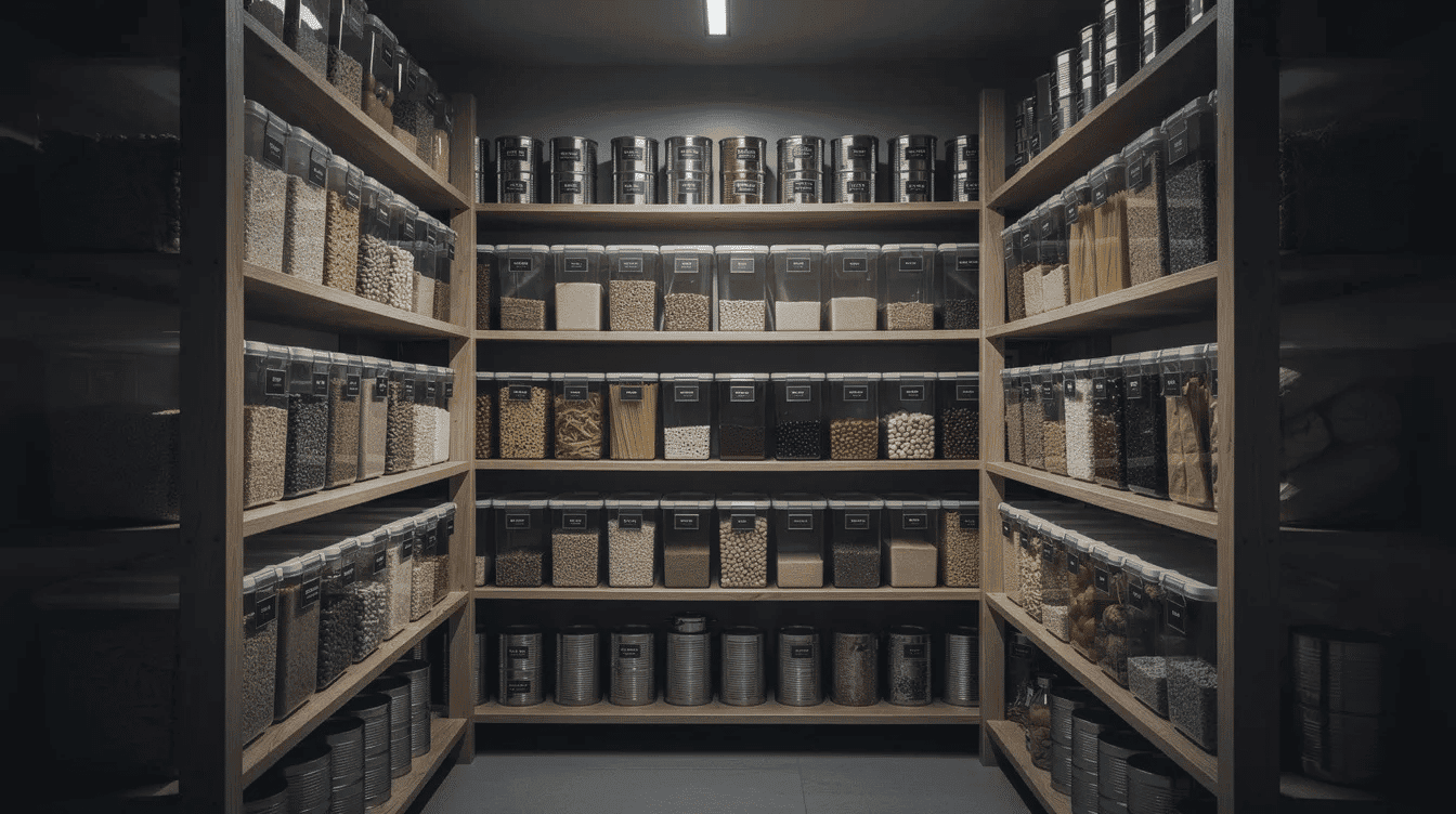 The image depicts a dark, cool pantry featuring neatly organized rows of food storage containers and metal cans on wooden shelves, highlighting a variety of powdered egg products, including dehydrated eggs and egg white powder, which are known for their long shelf life and nutritional benefits. This well-arranged space suggests a focus on long-term storage solutions for cooking and baking needs.
