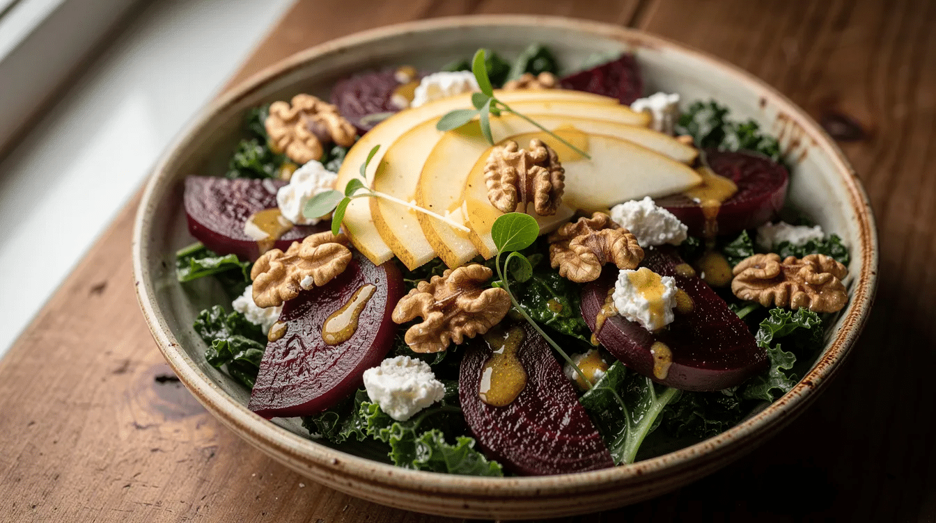 The image features a vibrant autumn salad composed of fresh kale, roasted beets, sliced pears, crunchy walnuts, and crumbled goat cheese, showcasing the rich colors of the fall season. This nutritious dish is a perfect example of healthy fall recipes that combine simple ingredients for a delicious meal.