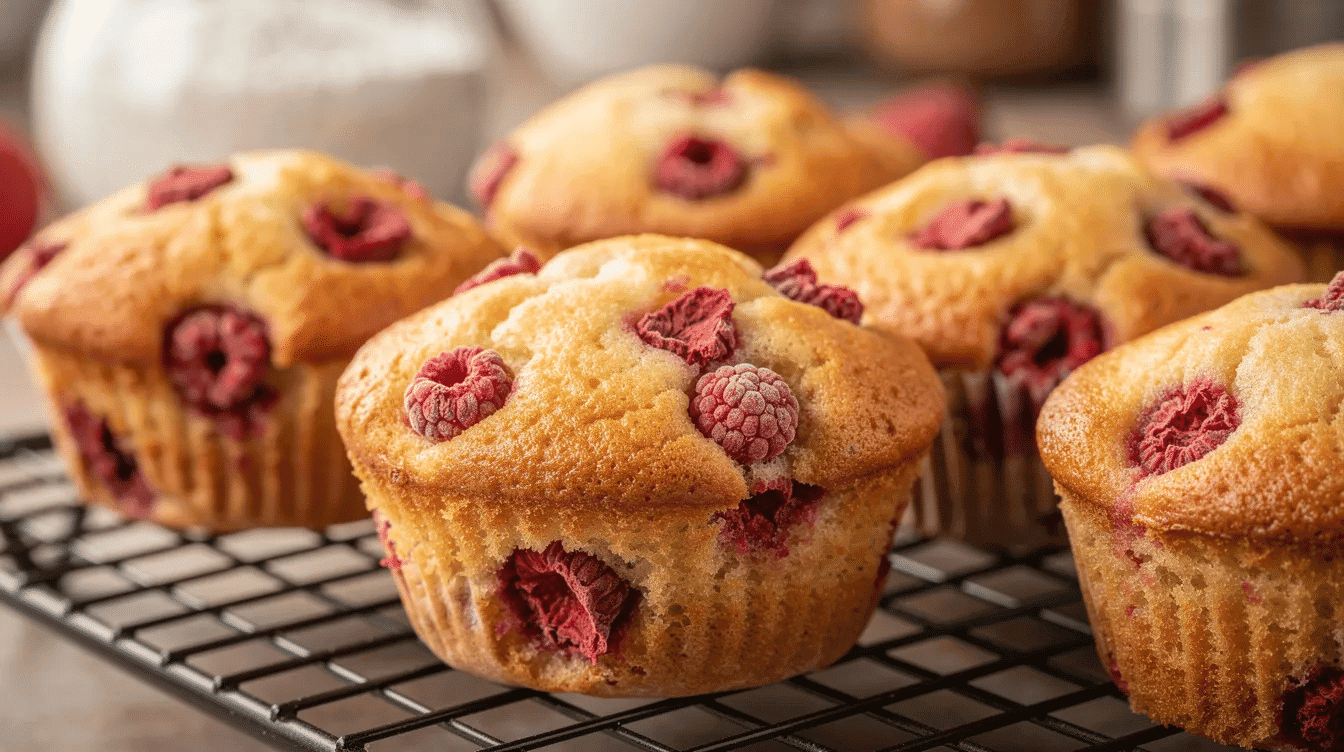 The image features golden muffins cooling on a wire rack, adorned with visible pieces of freeze dried raspberries, showcasing their vibrant color and fruity flavor. These baked goods highlight the use of freeze dried fruit, which adds concentrated flavor and visual appeal to the muffins.