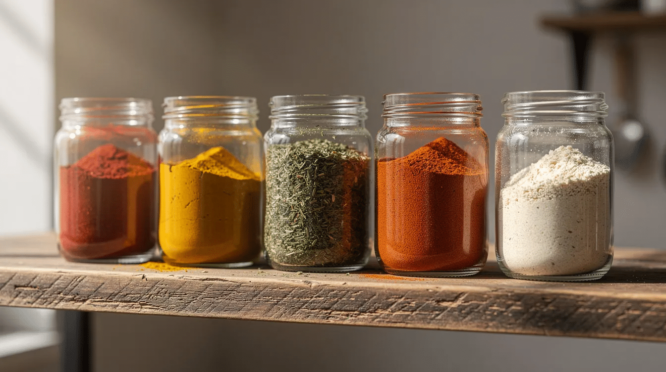 The image shows several small glass jars filled with vibrant homemade spice powders, neatly arranged on a rustic wooden shelf. Each jar contains a different colored powder, showcasing a variety of flavors, perfect for enhancing dishes like chicken or vegetables with a touch of heat.