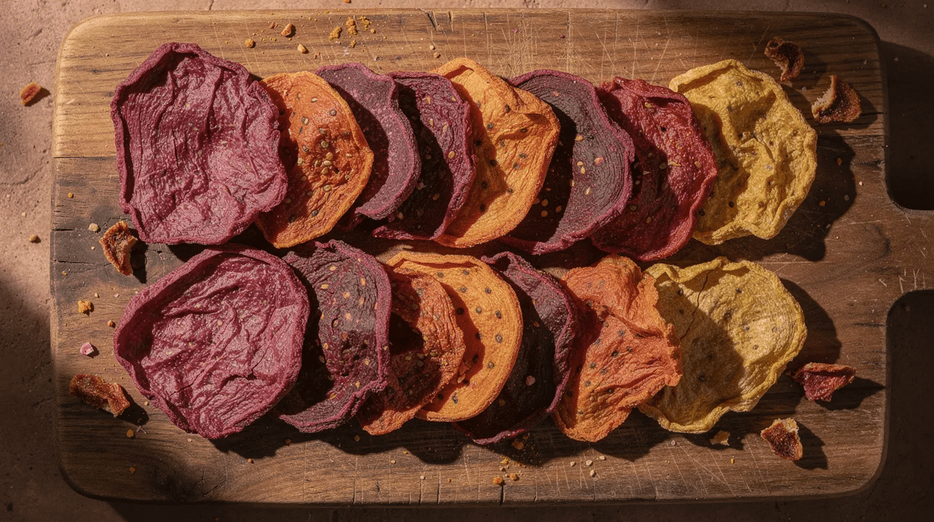 The image features vibrant slices of dried prickly pear fruit arranged on a rustic wooden cutting board, showcasing their colorful layers and soft texture. This edible fruit, known for its sweet taste and subtle flavor, highlights the health benefits and culinary versatility of the prickly pear cactus.