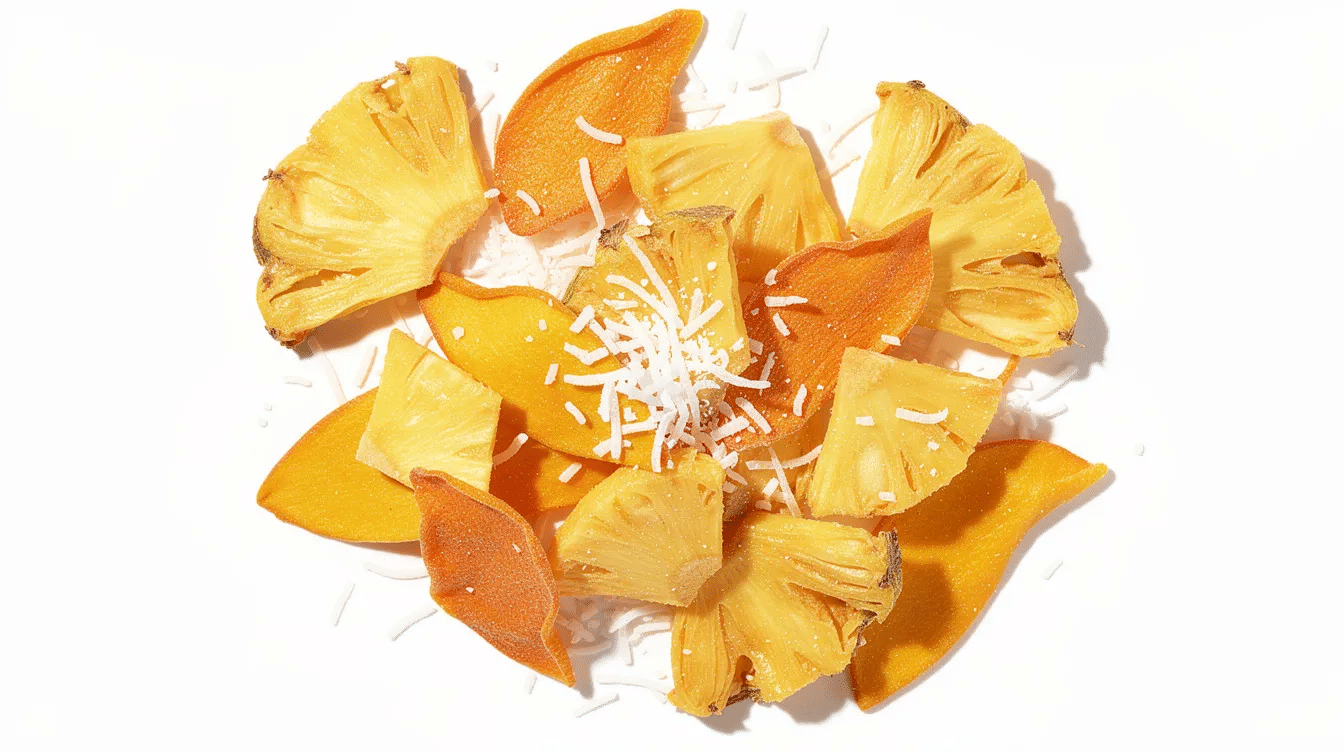 The image features a vibrant mix of tropical dried fruits, including golden pineapple chunks, chewy mango pieces, and shredded coconut, all showcasing their natural sweetness. This colorful blend is perfect for baking, snacking, or adding to trail mixes, offering a delicious and healthy option for various recipes.