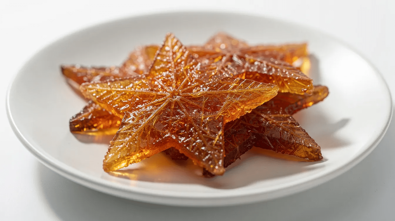 A close-up view of translucent amber star-shaped slices of dried star fruit is arranged neatly on a white ceramic plate, showcasing their slightly sweet and vibrant appearance. These dehydrated fruit pieces could be a delightful addition to trail mix or salads, offering a nutritious and convenient snack option.