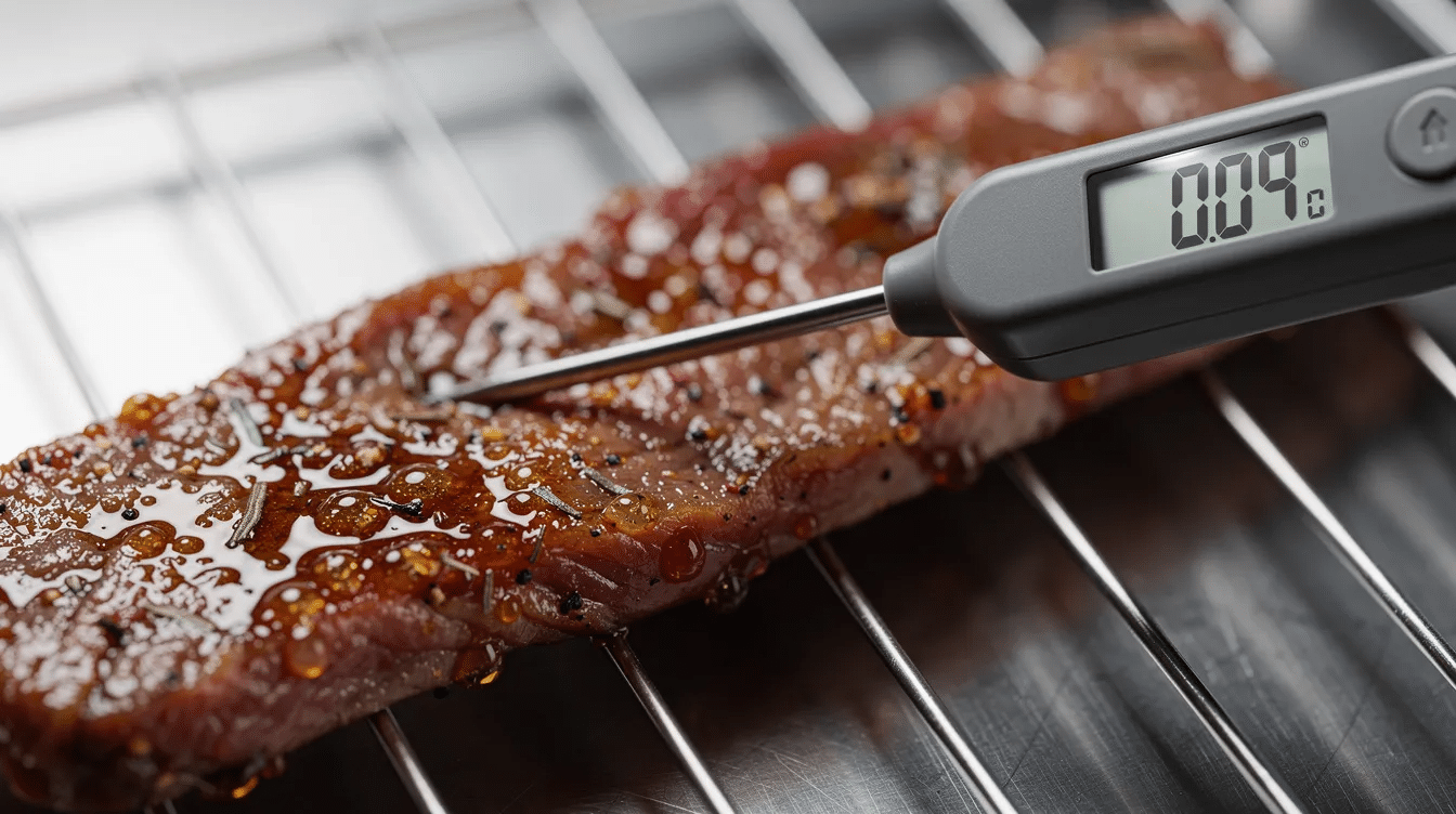 A close-up view of a digital instant-read food thermometer inserted into a strip of raw marinated beef on a wire rack, indicating the internal temperature essential for safe homemade jerky preparation. The thermometer ensures the beef reaches the necessary 160°F for proper food safety while making jerky strips.