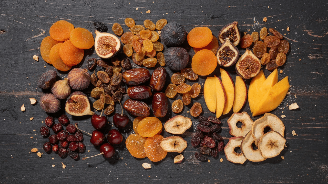 The image features an assortment of dried fruits, including raisins, dried plums, and nuts, arranged in a visually appealing manner. These nutrient-rich snacks are beneficial for heart health, as they can help in lowering cholesterol levels and provide healthy unsaturated fats, making them a great addition to a heart-healthy diet.