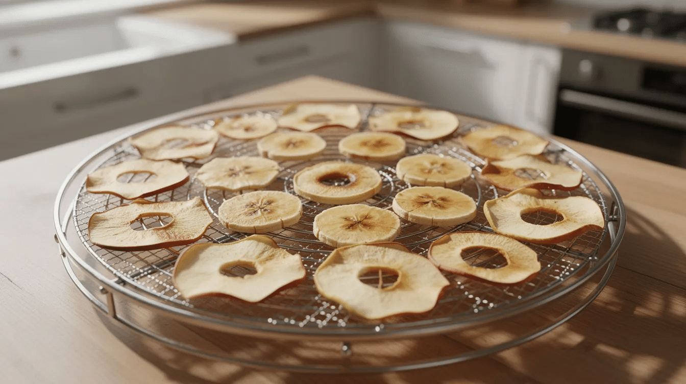 The image shows dehydrated apple and banana slices arranged on mesh dehydrator trays, cooling on a kitchen counter, ready for storage. These dehydrated fruits can be stored in airtight containers like glass jars or vacuum sealed bags to maintain their nutritional value and extend their shelf life.