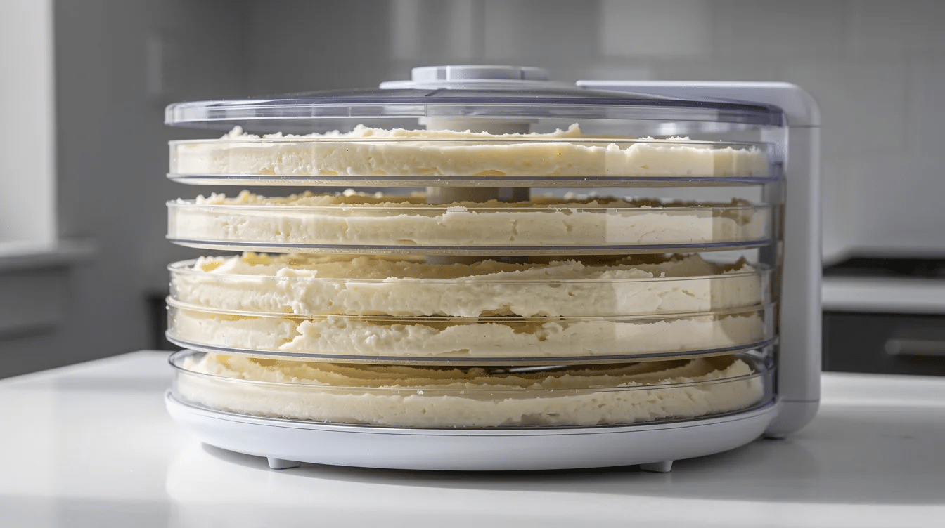 The image shows a food dehydrator with multiple round trays filled with a thin layer of evenly spread white mashed potatoes, ready for dehydrating. This process will transform the mashed potatoes into dried potato flakes, perfect for making instant mashed potatoes or adding to soups and stews.