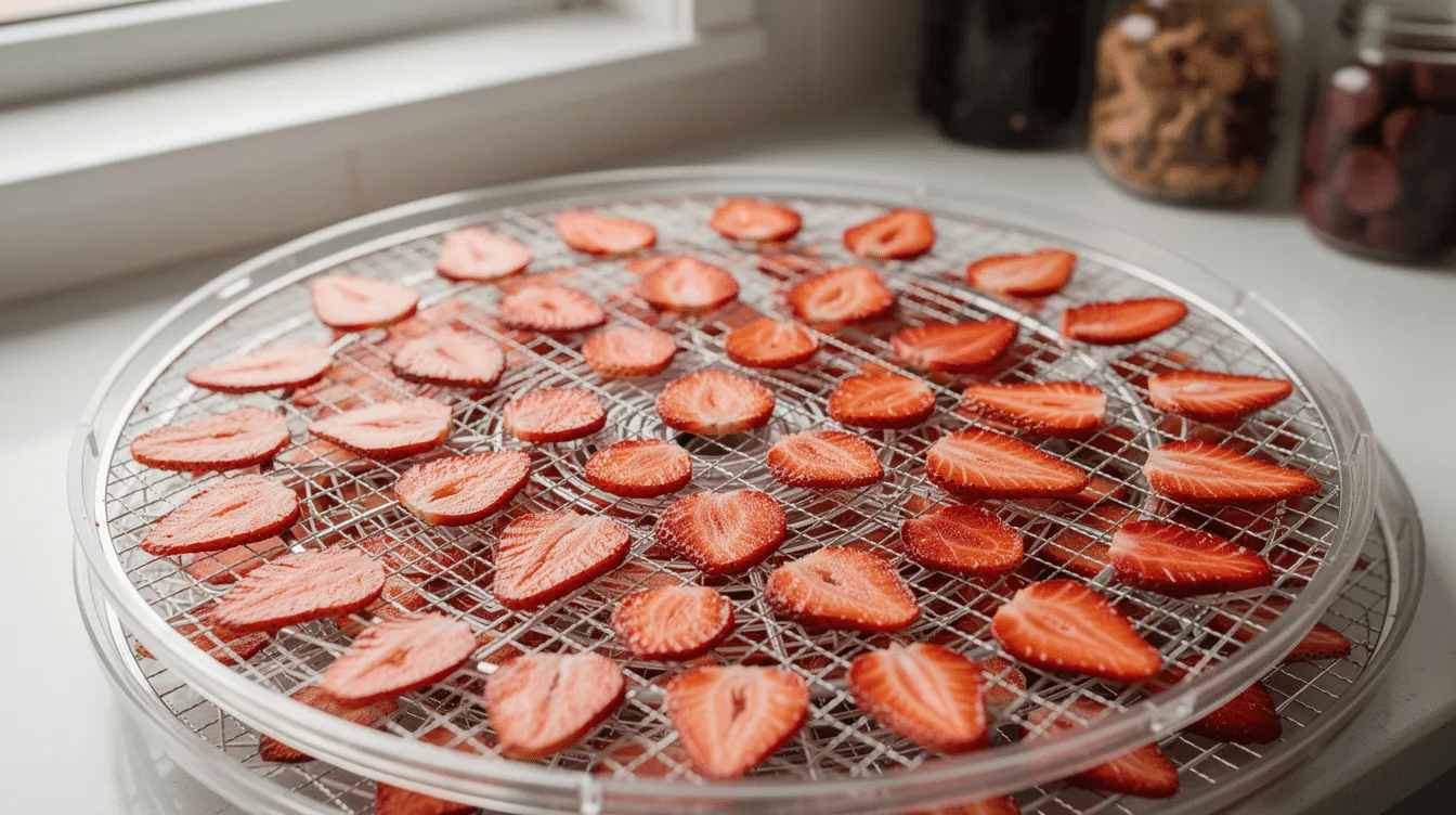 The image shows thin slices of dehydrated strawberries arranged on mesh dehydrator trays in a home kitchen, ready for drying. These delicious snacks are part of the process to preserve fresh strawberries, ensuring they can be enjoyed later as dried fruit or in recipes.