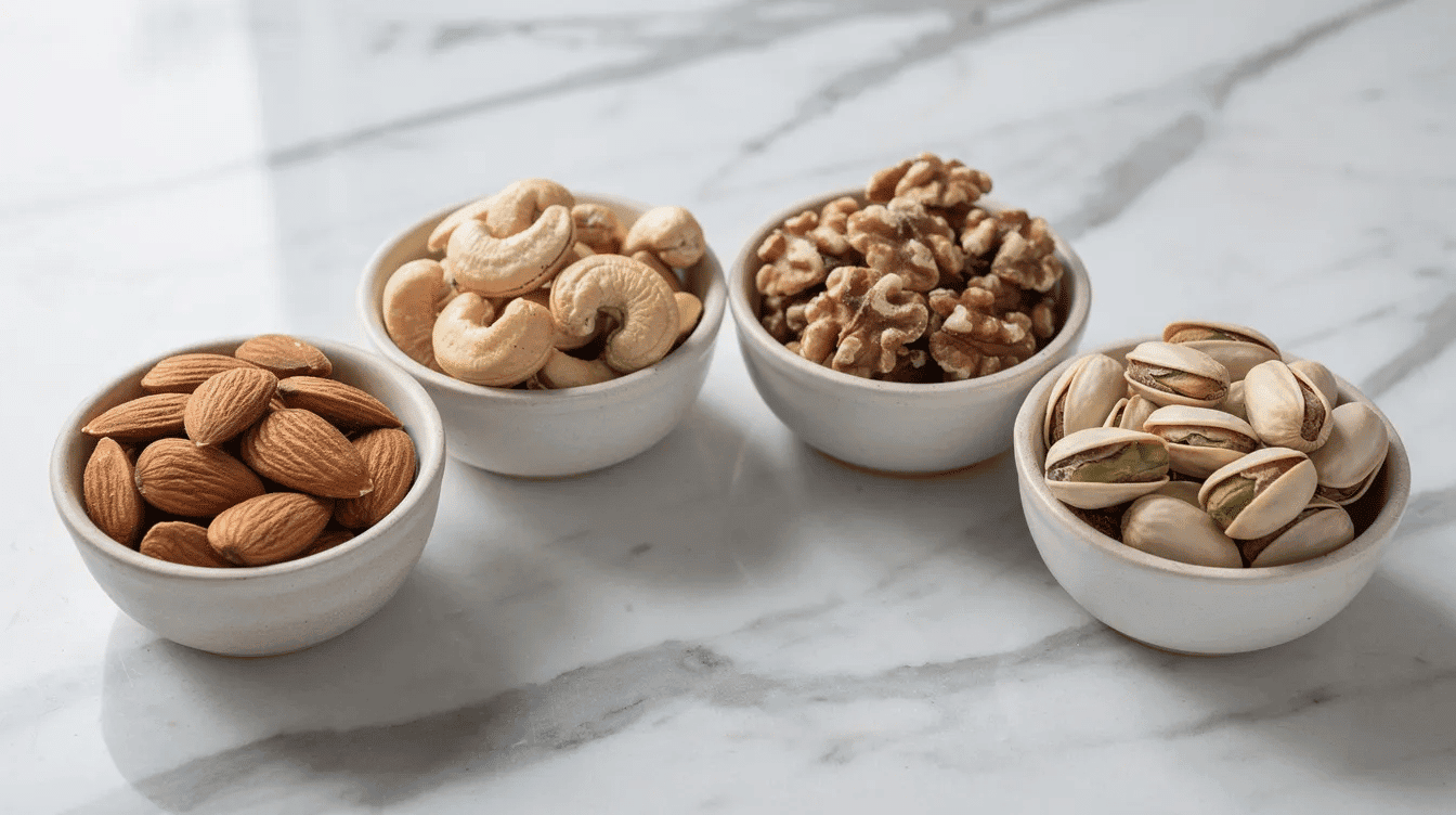 A close-up photograph showcases four small ceramic bowls filled with a variety of dry fruits: almonds, cashews, walnuts, and pistachios, all arranged on a sleek marble surface. These nutrient-dense nuts are rich in healthy fats and provide various health benefits, including support for heart health and brain function.