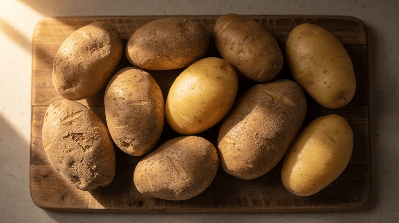 The image features an assortment of russet and Yukon gold potatoes neatly arranged on a wooden cutting board, showcasing their fresh, raw form. These potatoes can be used to make delicious mashed potatoes or dehydrated into potato flakes for instant mashed potatoes, perfect for various side dish cuisines.