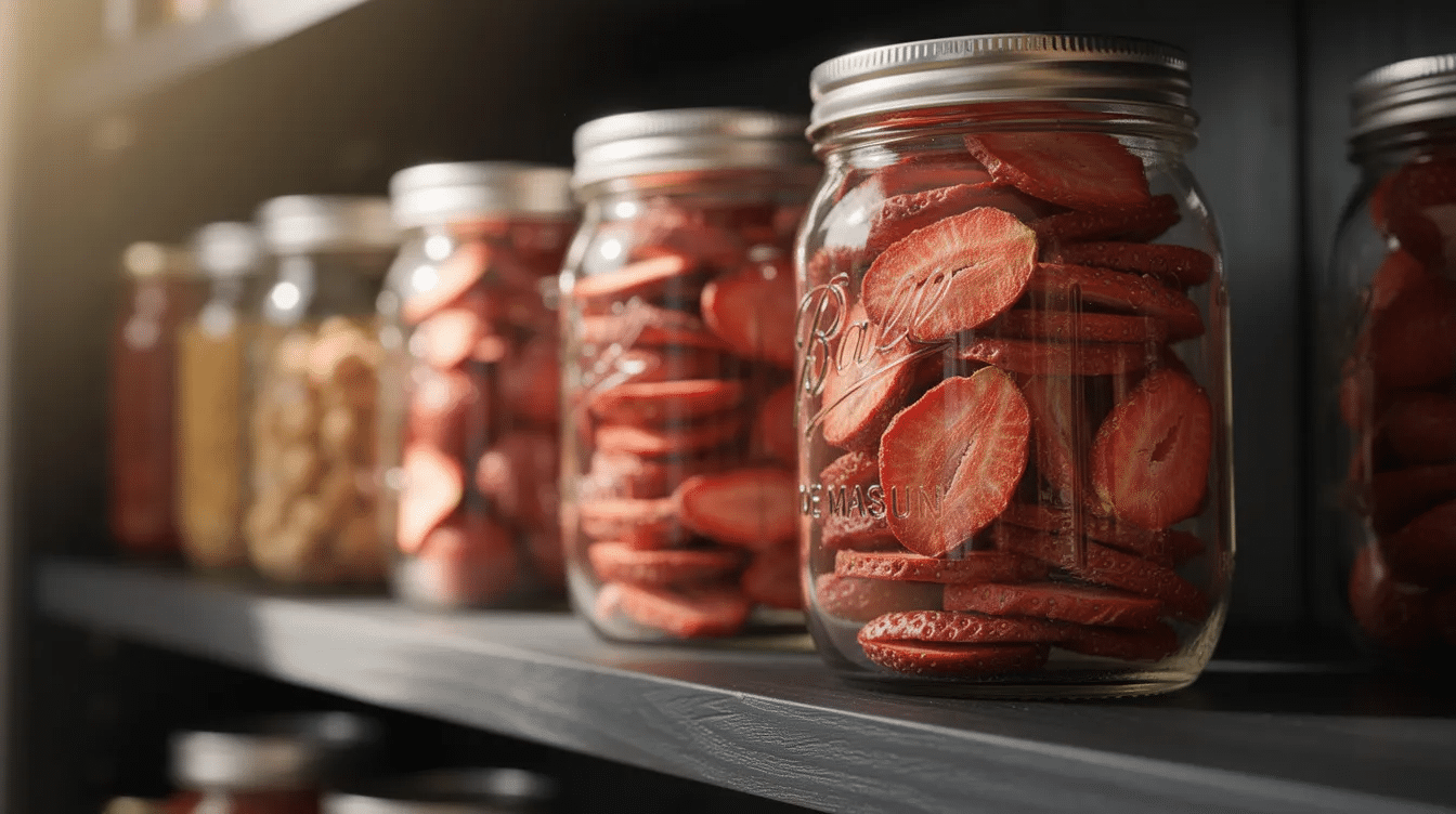 The image features several glass mason jars filled with vibrant, thin slices of dehydrated strawberries, neatly arranged on a dark wooden pantry shelf. These dried strawberries are a healthy snack option, perfect for long-term storage and preserving the flavors of fresh strawberries.