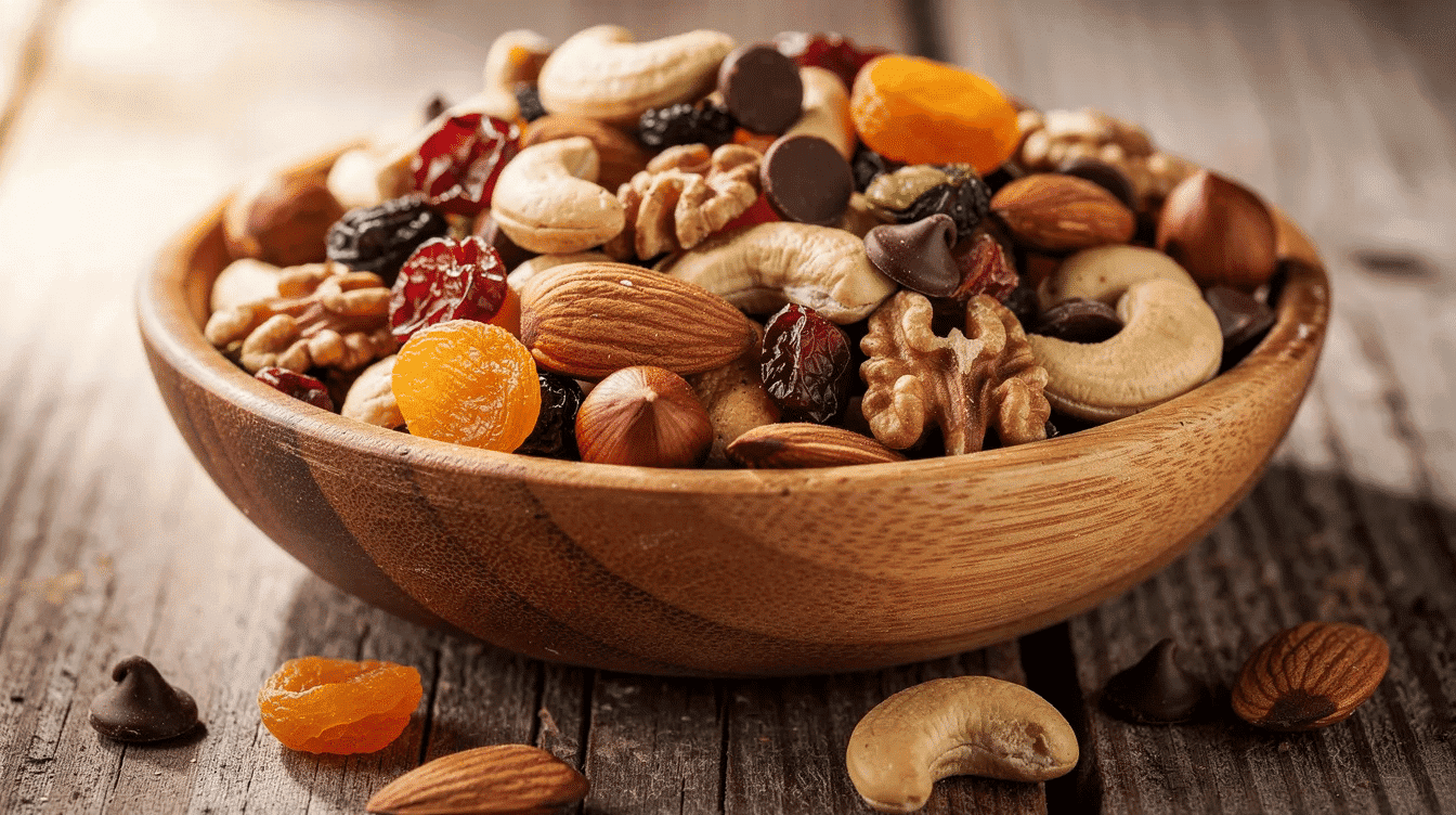A rustic wooden bowl is filled with a colorful trail mix that includes pieces of dried fruit, assorted nuts, and dark chocolate chips, making for a delicious and healthy snack option. This mix showcases the delightful combination of flavors and textures, perfect for enjoying year-round.