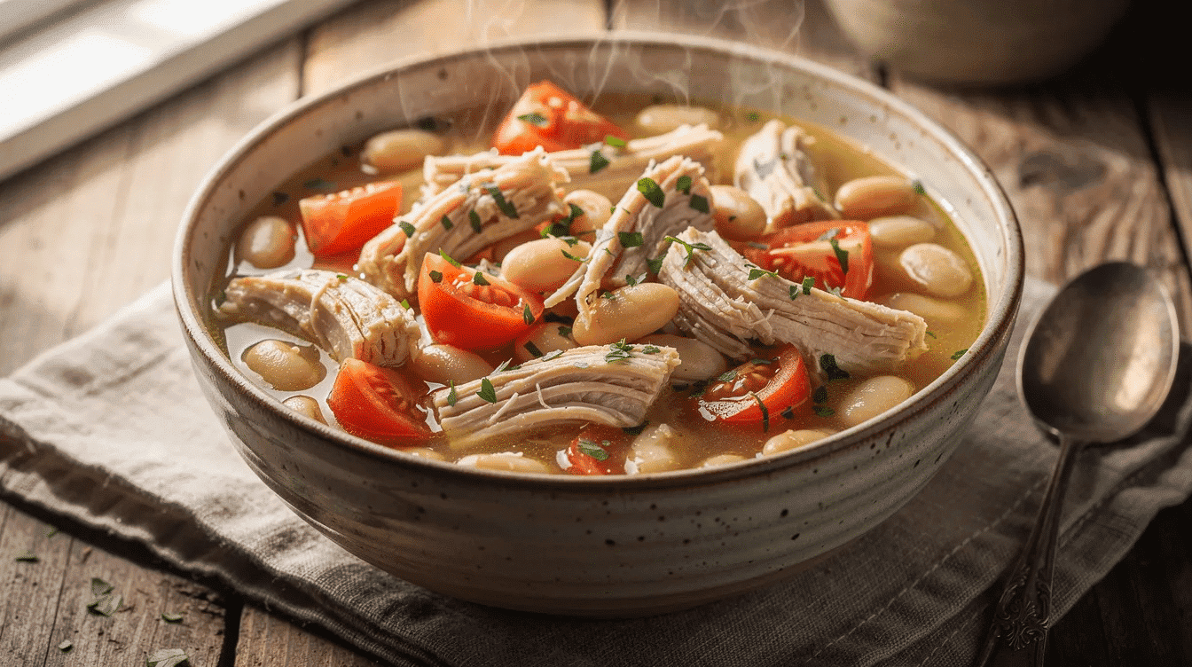The image depicts a rustic bowl filled with a hearty white bean and chicken stew, featuring chunks of chicken, vibrant tomatoes, and a sprinkle of fresh herbs for added flavor. This comforting dish is perfect for fall chicken recipes, offering a warm and satisfying meal.
