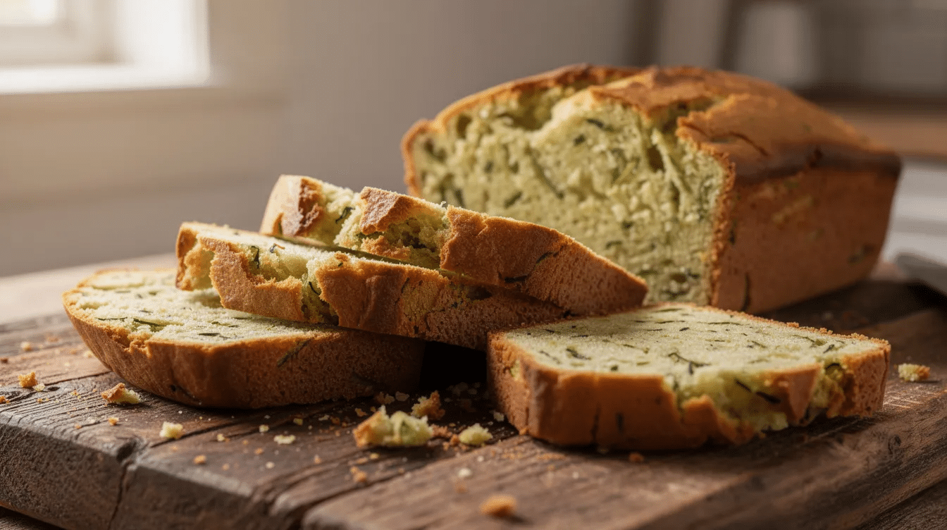 The image shows a freshly sliced loaf of zucchini bread on a wooden cutting board, highlighting the green flecks of grated zucchini throughout the moist bread. This delicious baked good is a great way to incorporate fresh zucchini into your diet, making it a flavorful and healthy treat.