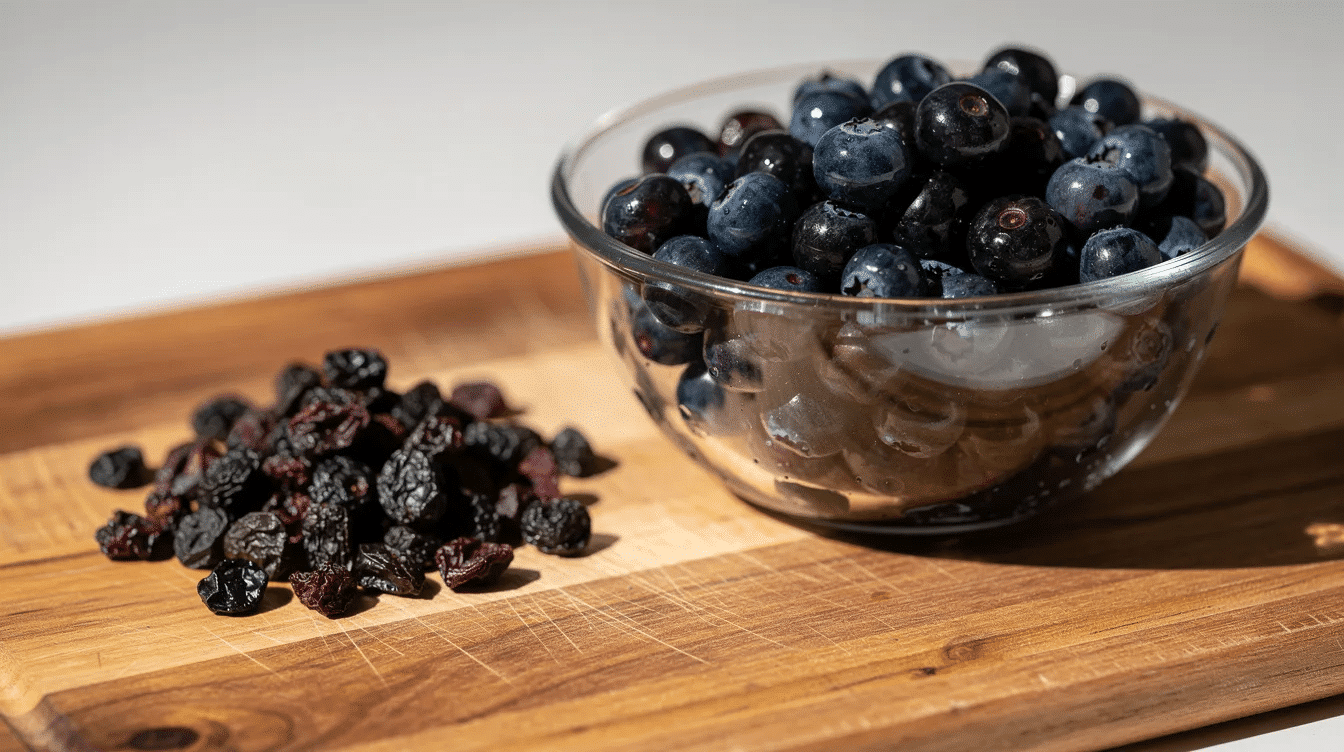 A glass bowl filled with plump rehydrated blueberries sits next to a small pile of shriveled dried blueberries on a wooden cutting board, showcasing the transformation from dried fruit to fresh berries. This image illustrates the process of rehydrating dried blueberries, emphasizing their vibrant color and texture after soaking in warm water.