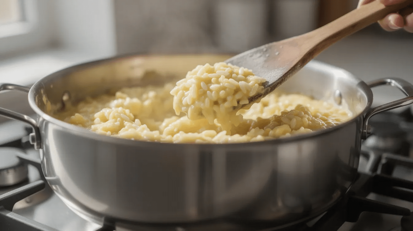 A large stainless steel pot sits on a stovetop, filled with creamy risotto being stirred with a wooden spoon. The risotto, made with arborio rice, is rich and creamy, likely featuring ingredients like olive oil, parmesan cheese, and mushrooms, creating a comforting meal.