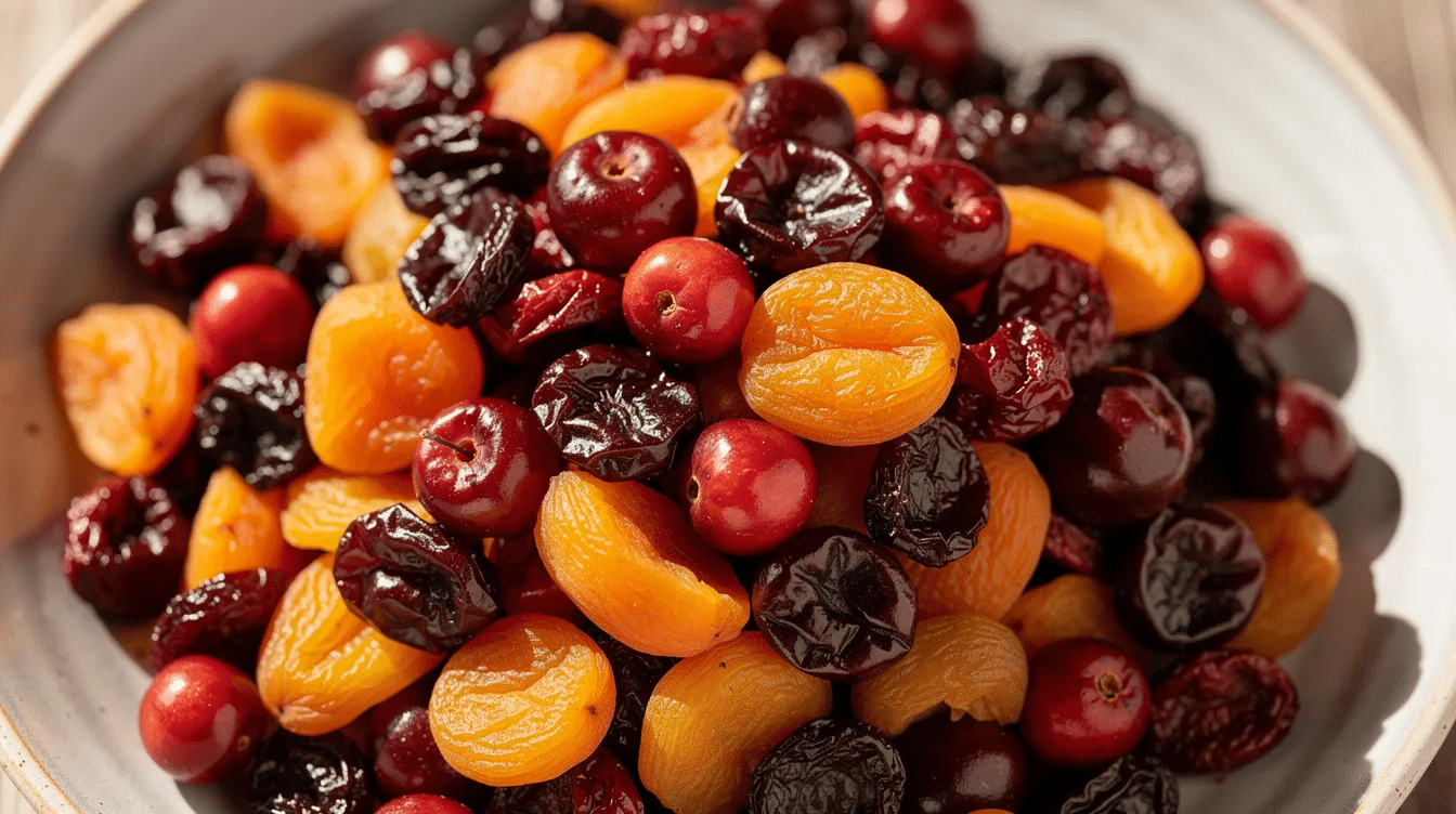 The image showcases a vibrant mix of dried fruit, including plump cranberries, chewy dried cherries, and bright apricot pieces, perfect for baking or as a healthy snack. This colorful blend of mixed dried fruit offers natural sweetness and is a great addition to trail mixes, desserts, and baked goods.