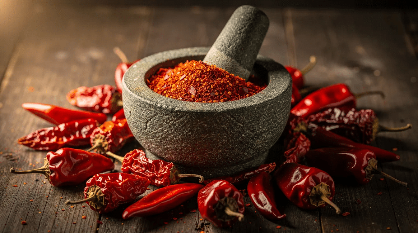 A stone mortar and pestle is filled with bright red crushed chili flakes, surrounded by whole dried red peppers, showcasing a variety of dried peppers ready for use in homemade hot sauces or seasoning dishes. The vibrant colors and textures highlight the potential for creating flavorful chili powder or spice blends.