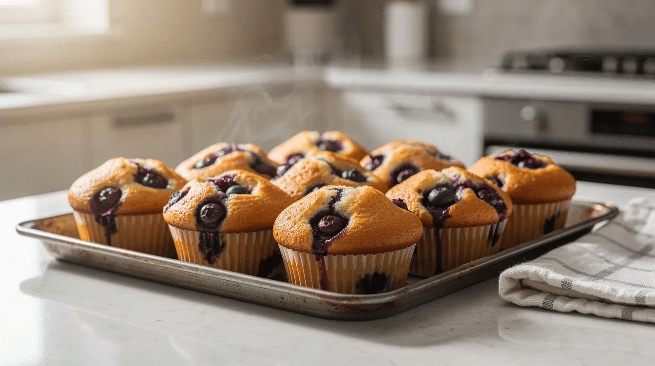 August 4, 2026 | A baking tray holds golden blueberry muffins that have just emerged from the oven, their tops perfectly rounded and slightly domed, showcasing the rich blueberry flavor. The warm muffins are set on a kitchen counter, surrounded by a cozy cooking atmosphere, inviting the scent of fresh blueberries to fill the air.