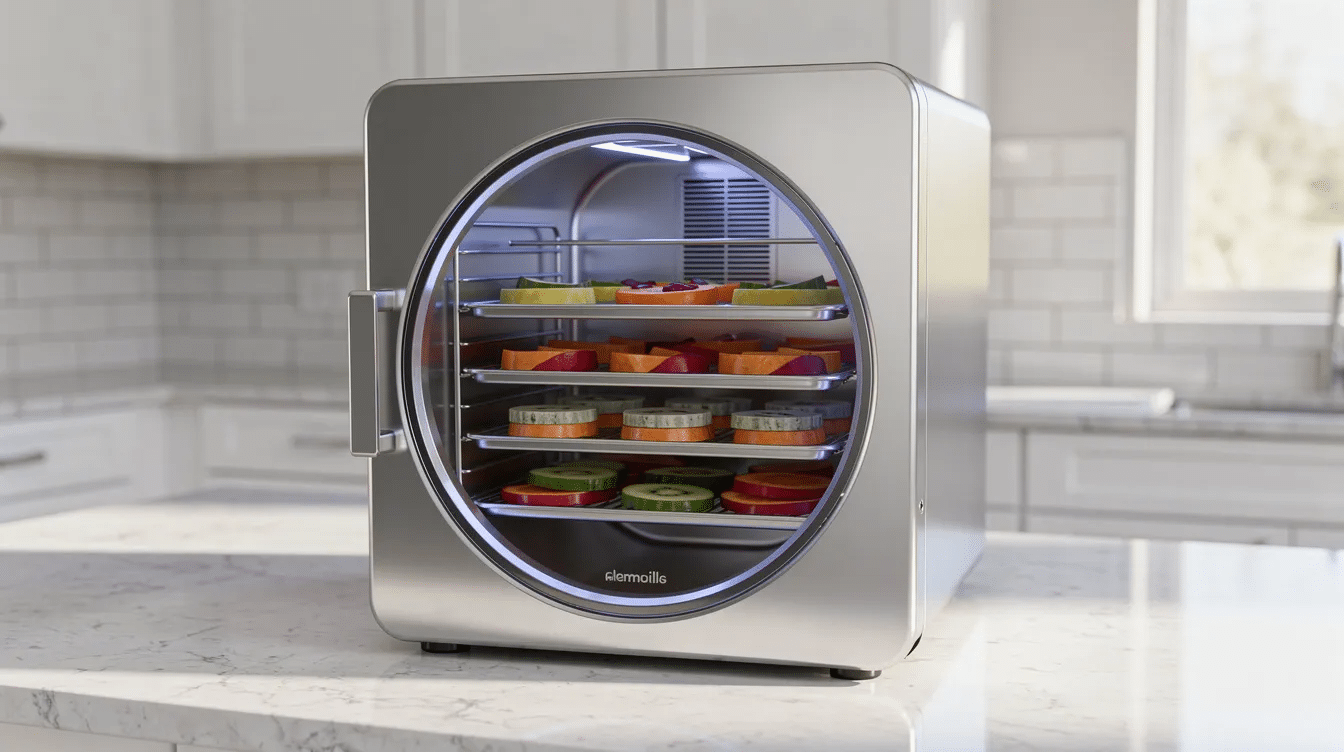 A compact home freeze dryer is displayed on a countertop in a modern kitchen, with trays visible through its door, showcasing the freeze drying process for preserving fresh fruit like strawberries and blueberries. This specialized equipment allows for the creation of freeze dried foods with a long shelf life, perfect for home food preservation.