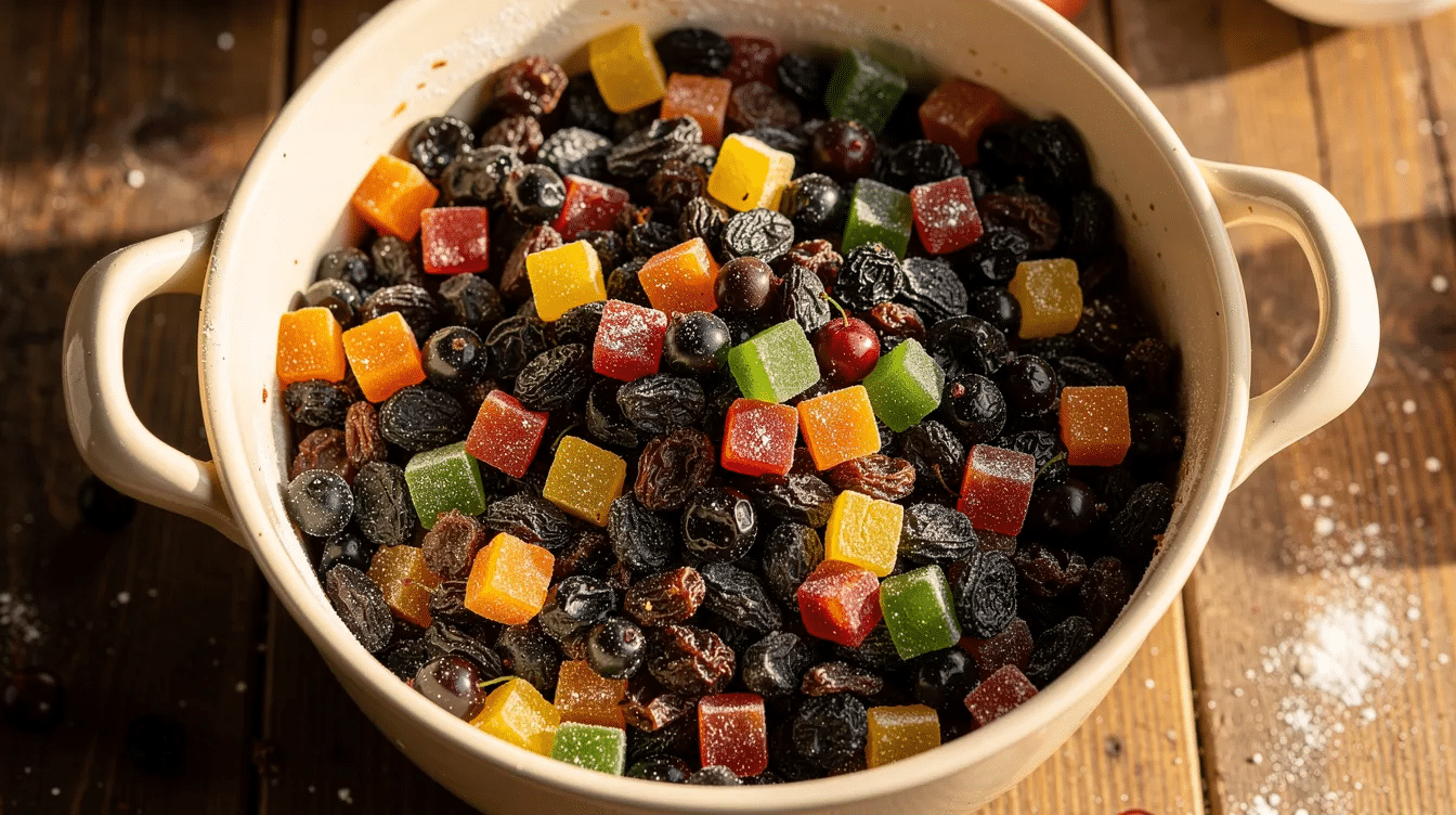 A ceramic bowl filled with a classic fruitcake mix, featuring dark raisins, currants, and vibrant candied peel, showcases a colorful array of dried mixed fruit perfect for baking. This delightful blend offers a chewy texture and natural sweetness, making it an ideal addition to holiday desserts like cakes and muffins.