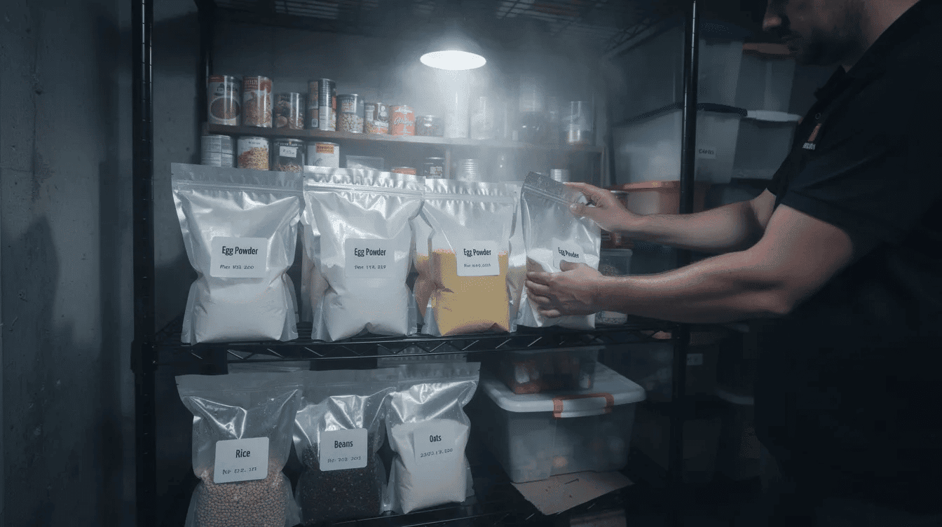 A person is placing labeled Mylar bags of powdered eggs into a dark, cool storage closet, alongside other emergency food supplies. The scene highlights the importance of long shelf life and storage for dehydrated eggs, ensuring a reliable source of protein for future meals.