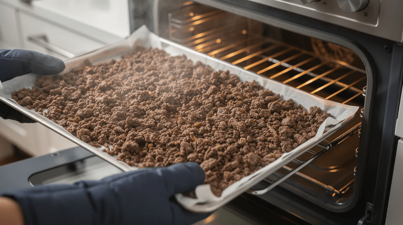 September 14, 2026 | A baking sheet lined with parchment paper displays a thin, even layer of cooked ground beef crumbles, ready to be placed into the oven for the dehydration process. This method is ideal for making homemade jerky from lean ground beef, ensuring moisture is removed for a longer shelf life.