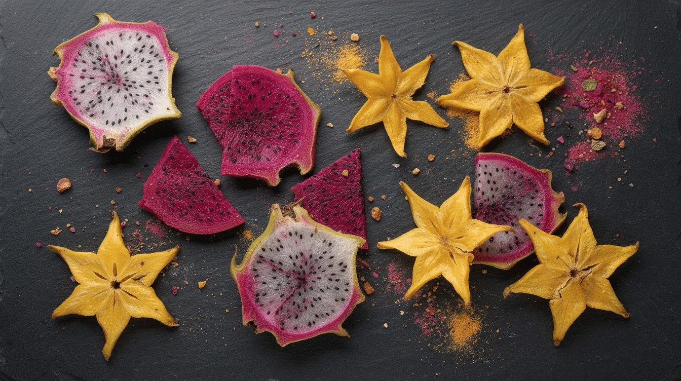 The image features vibrant dragon fruit and starfruit chips artfully scattered on a dark slate board, showcasing colorful freeze dried fruit crisps that are gluten-free and made with just one ingredient. These light and crispy snacks highlight the natural beauty of the fruits while offering a fun and nutritious option for any meal or breakfast.